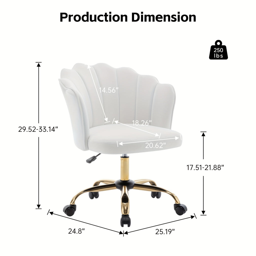Modern Swivel Office Chair with Luxury Velvet Upholstery & Golden Metal Base - Height-Adjustable 360° Rotating Task Chair, Vanity Desk Chair for Home Office, Bedside or Dressing Table - Shell Back & Sponge (Easy Assembly)