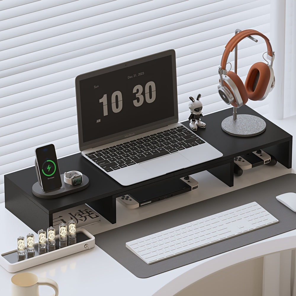 Heavy-Duty Wooden Computer Monitor Stand with Dual Screen Height Adjustment, Laptop Stand & Expandable Storage Shelf - Sturdy Desk Organizer for Home Office