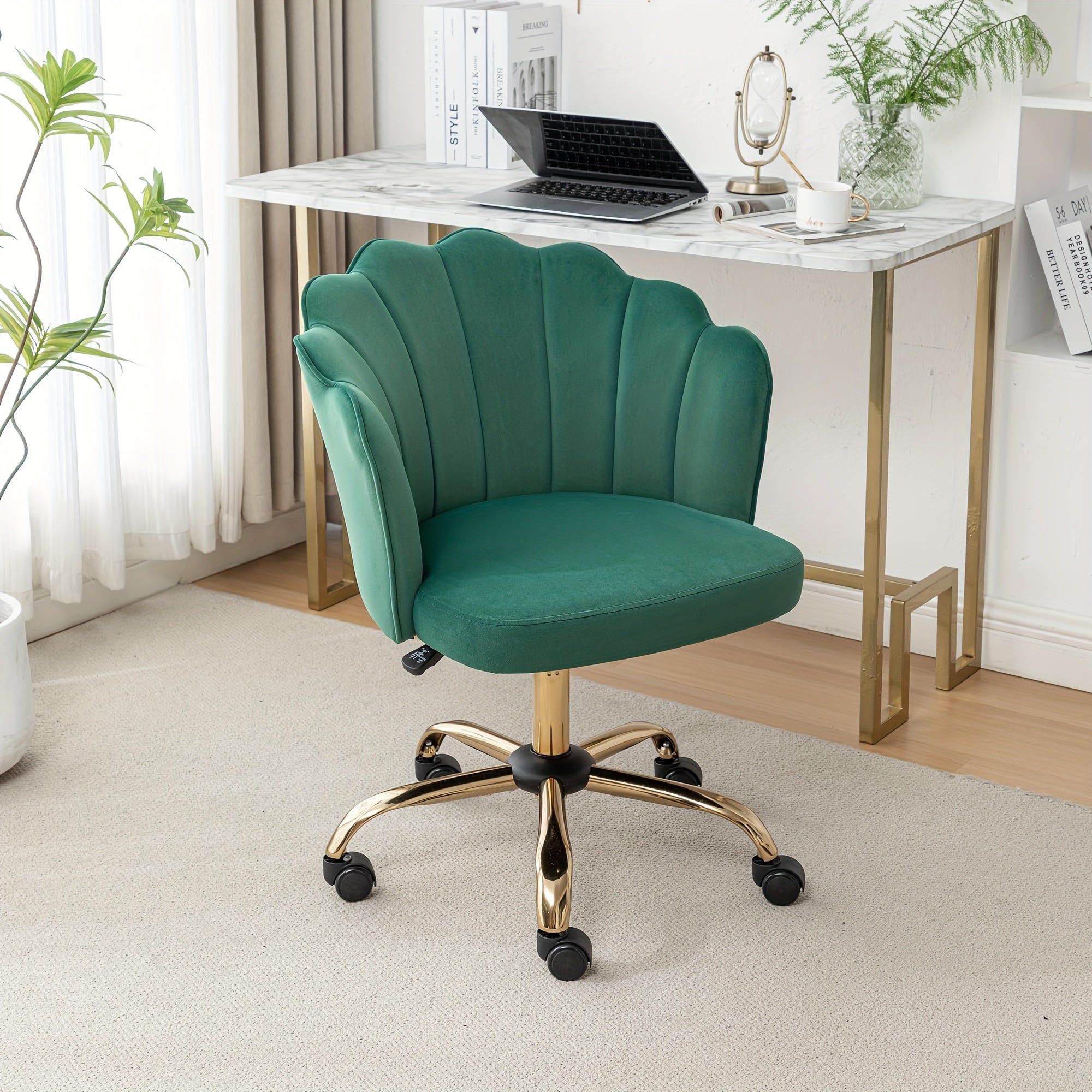 Modern Swivel Office Chair with Luxury Velvet Upholstery & Golden Metal Base - Height-Adjustable 360° Rotating Task Chair, Vanity Desk Chair for Home Office, Bedside or Dressing Table - Shell Back & Sponge (Easy Assembly)