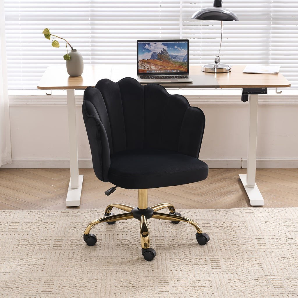 Modern Swivel Office Chair with Luxury Velvet Upholstery & Golden Metal Base - Height-Adjustable 360° Rotating Task Chair, Vanity Desk Chair for Home Office, Bedside or Dressing Table - Shell Back & Sponge (Easy Assembly)