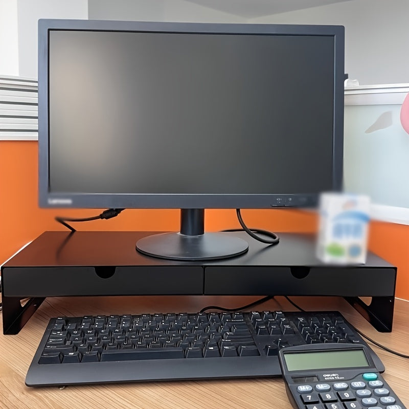 Metal Carbon Steel Computer Monitor Height-increasing Stand 60*25*10.7cm with Double Drawers, Desktop Notebook Stand, Desktop Storage Rack, Space-saving Office Desk, Bestseller, Home Office