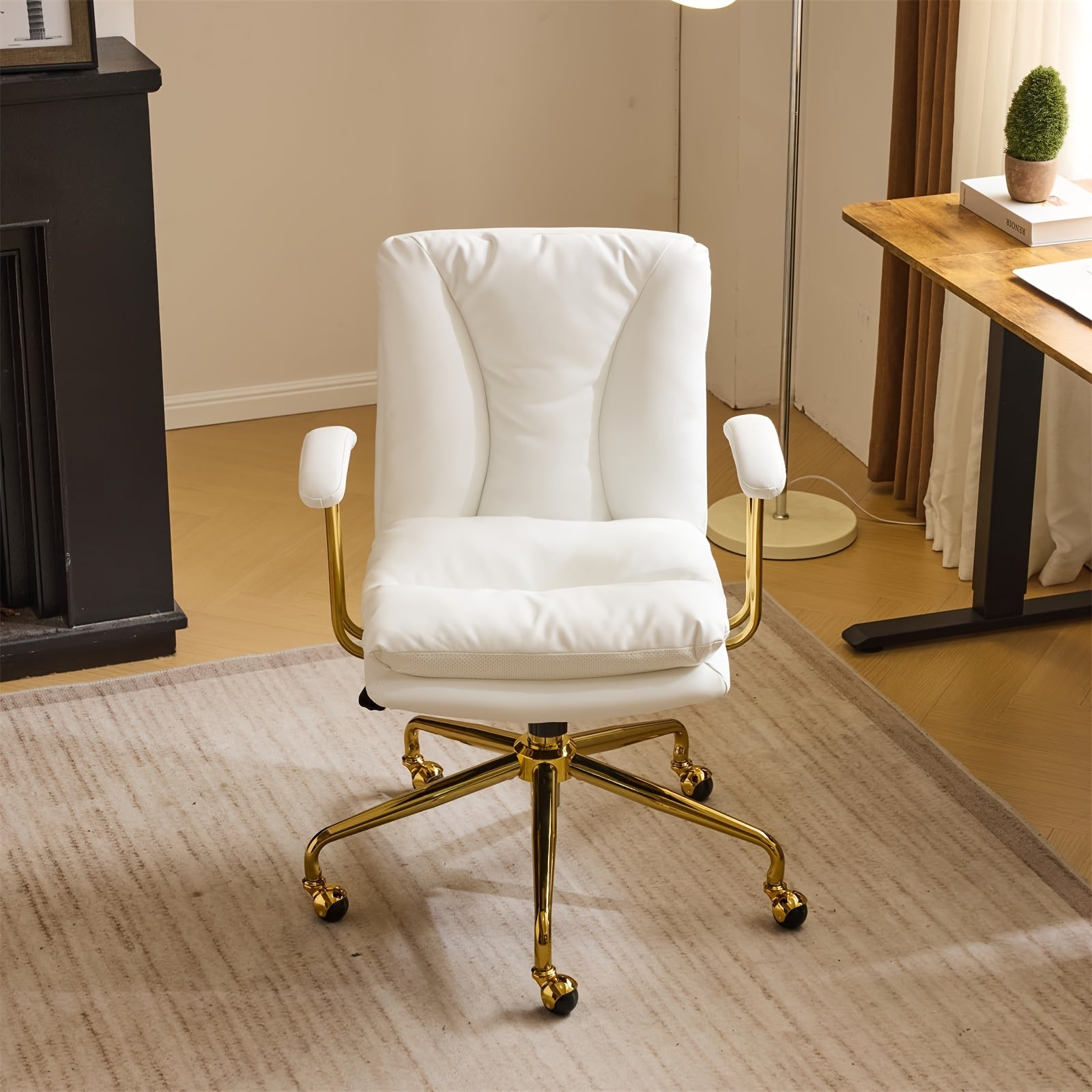 Bonnlo Office Chair with Wheels & Removable Armrests, Comfy Vanity Chair Golden Base, Adjustable Rolling Swivel Computer Chair