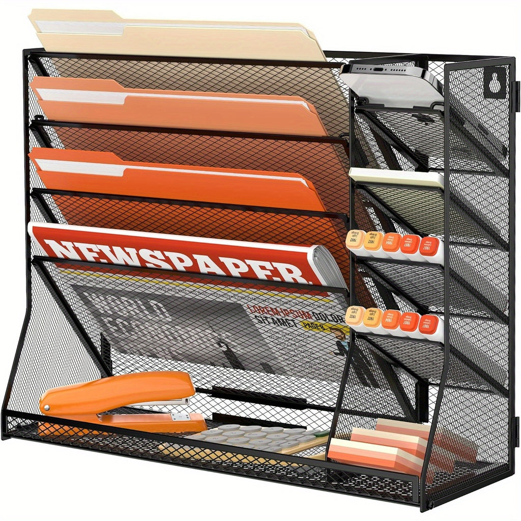 JMHUD 5-Tier Desk Organizer Featuring 4 Slots for Pens, a Wall-Mounted File Holder, And Accessories for Office Materials, Complete with an R-Shaped Bottom Tray.