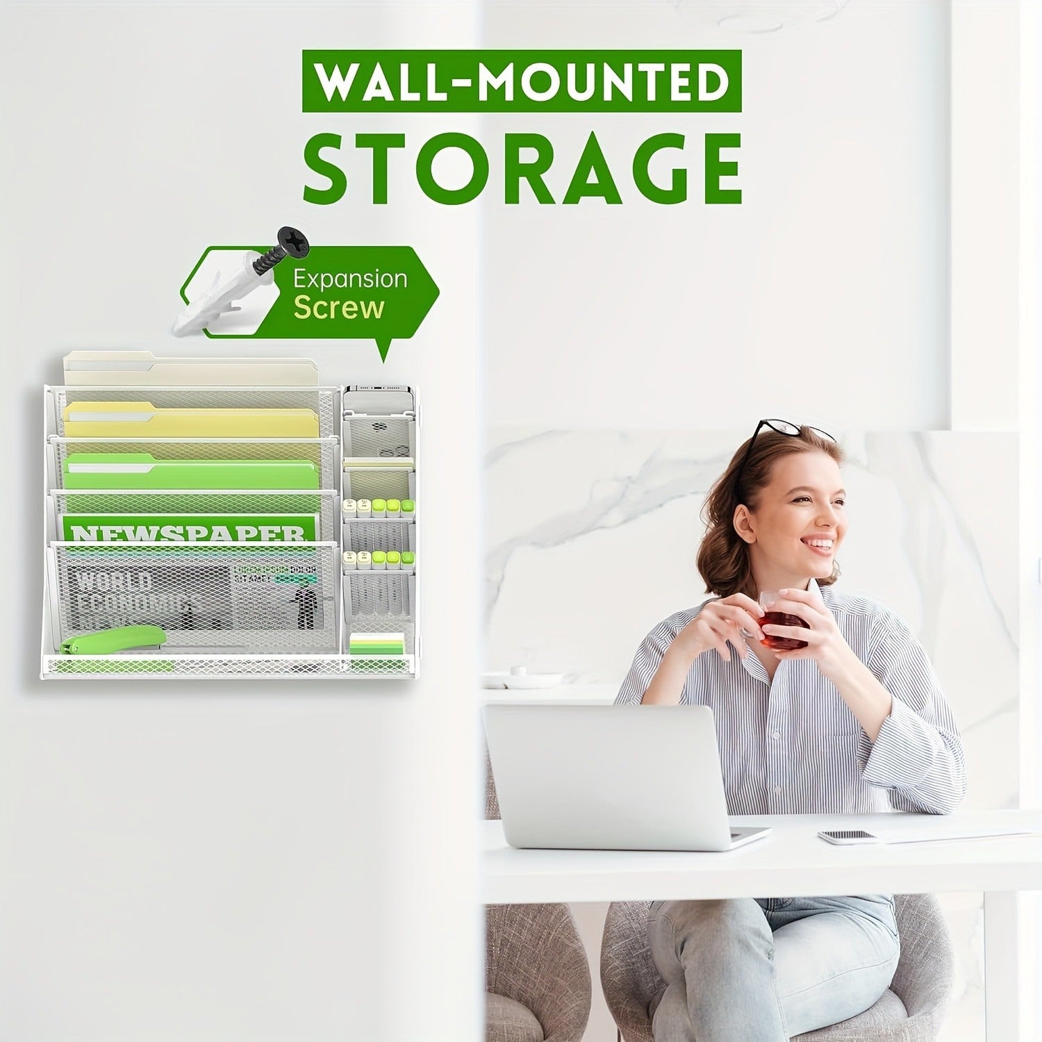 JMHUD 5-Tier Desk Organizer Featuring 4 Slots for Pens, a Wall-Mounted File Holder, And Accessories for Office Materials, Complete with an R-Shaped Bottom Tray.