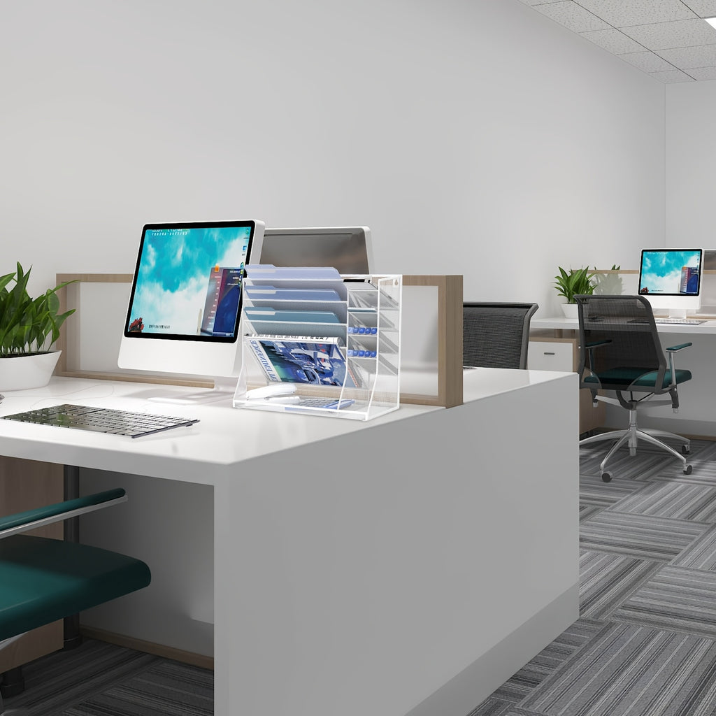 JMHUD 5-Tier Desk Organizer Featuring 4 Slots for Pens, a Wall-Mounted File Holder, And Accessories for Office Materials, Complete with an R-Shaped Bottom Tray.