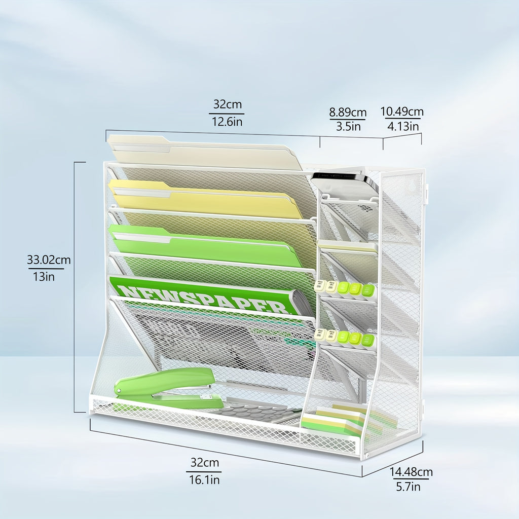 JMHUD 5-Tier Desk Organizer Featuring 4 Slots for Pens, a Wall-Mounted File Holder, And Accessories for Office Materials, Complete with an R-Shaped Bottom Tray.