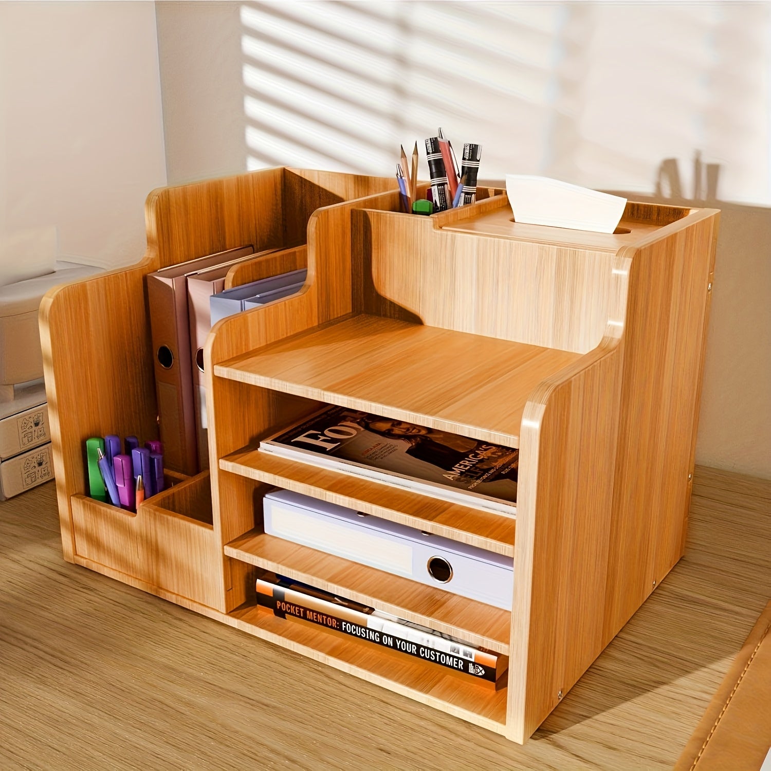 Office Paper Organizer for Desk, Wooden File Holder, Office Desk Organizer, Stackable Paper Trays for Home, Office, School,