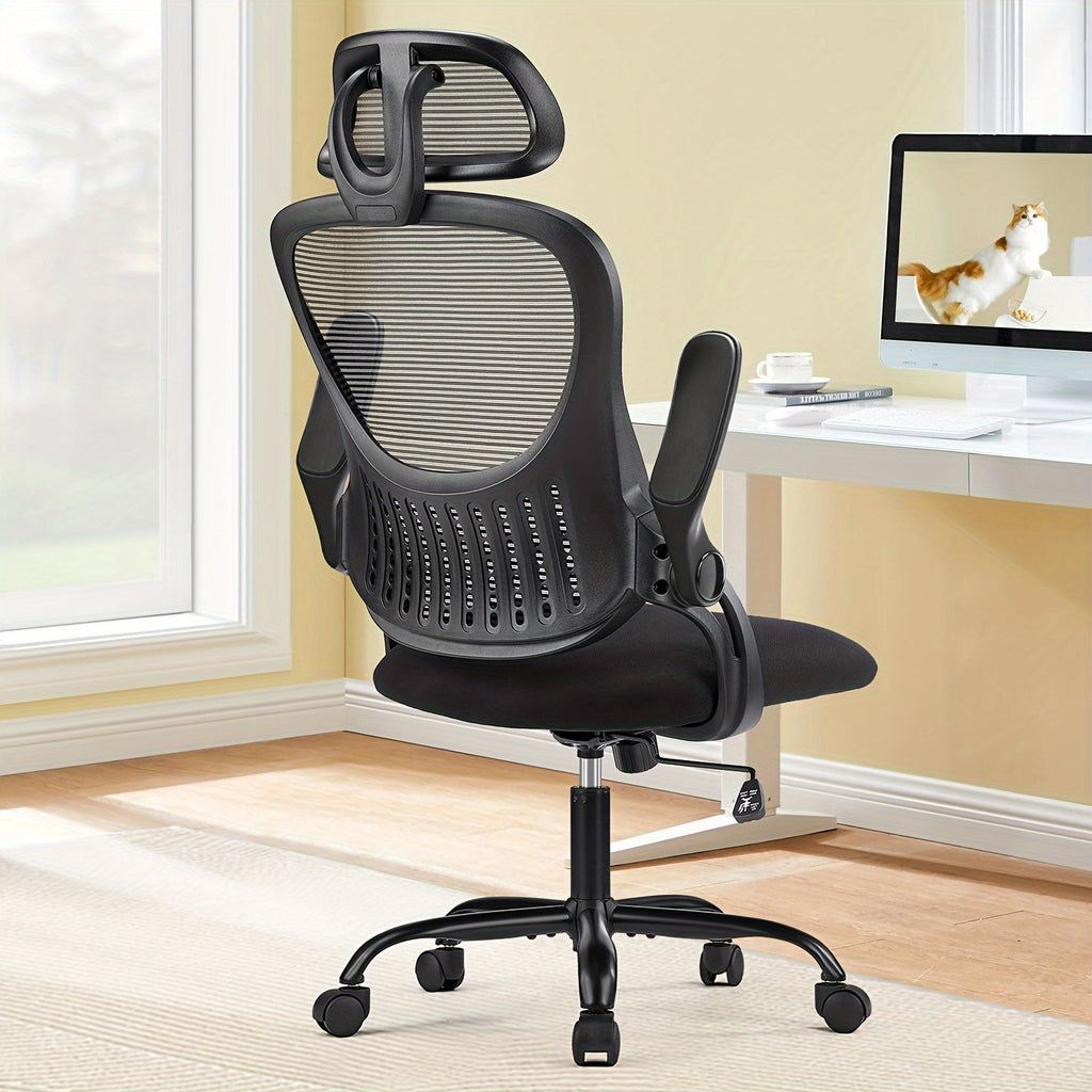 Ergonomic Gaming Chair Ergonomic Office Desk Computer Chair, High Back Comfy Swivel Home Gaming Mesh Chairs With Wheels, Adjustable Headrest, Comfortable Lumbar Support, Flip-up Arms, 144° Tilt For Study