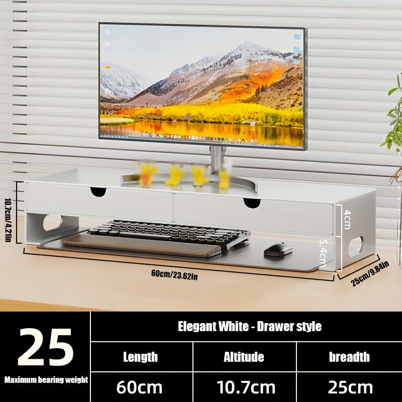 Metal Carbon Steel Computer Monitor Height-increasing Stand 60*25*10.7cm with Double Drawers, Desktop Notebook Stand, Desktop Storage Rack, Space-saving Office Desk, Bestseller, Home Office
