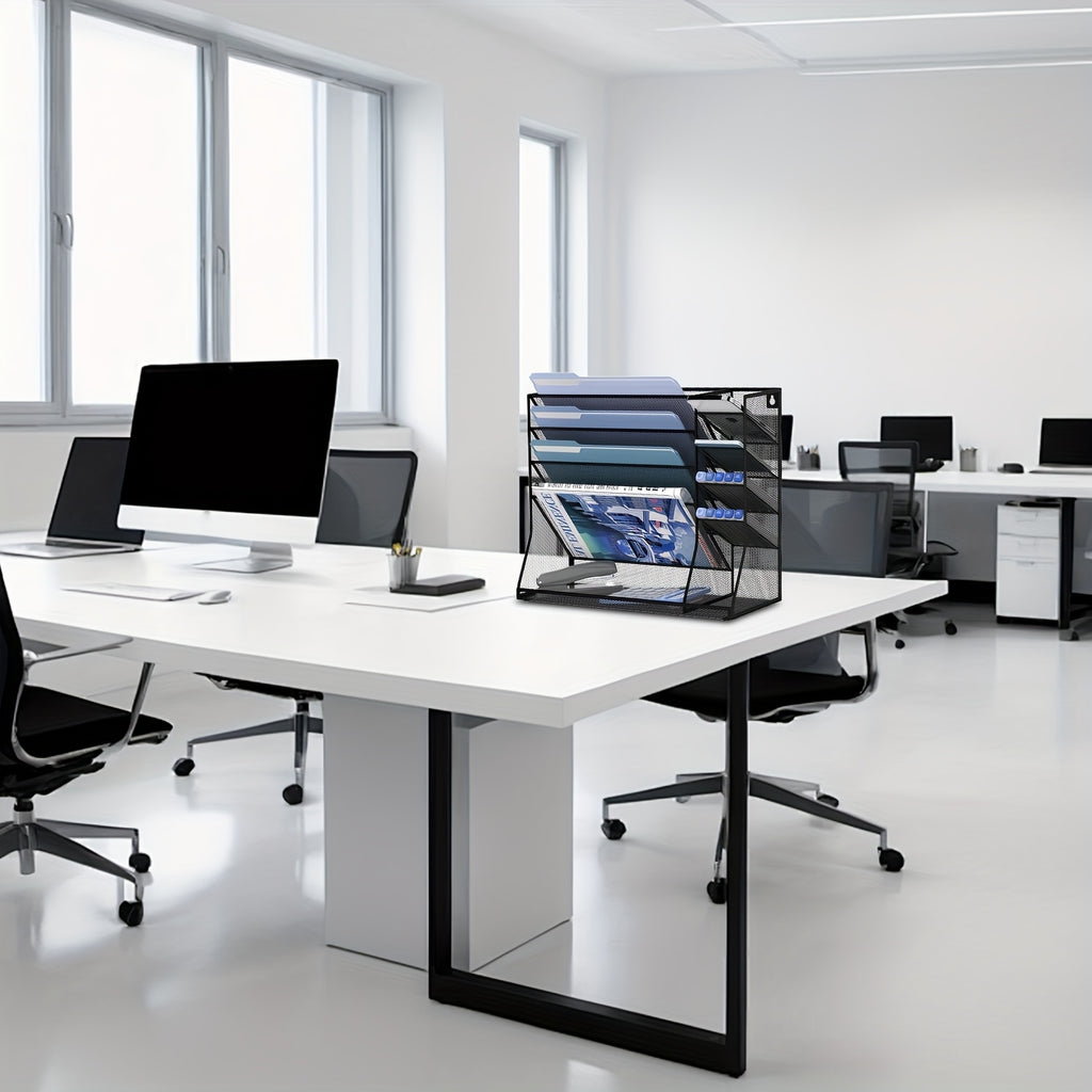 JMHUD 5-Tier Desk Organizer Featuring 4 Slots for Pens, a Wall-Mounted File Holder, And Accessories for Office Materials, Complete with an R-Shaped Bottom Tray.