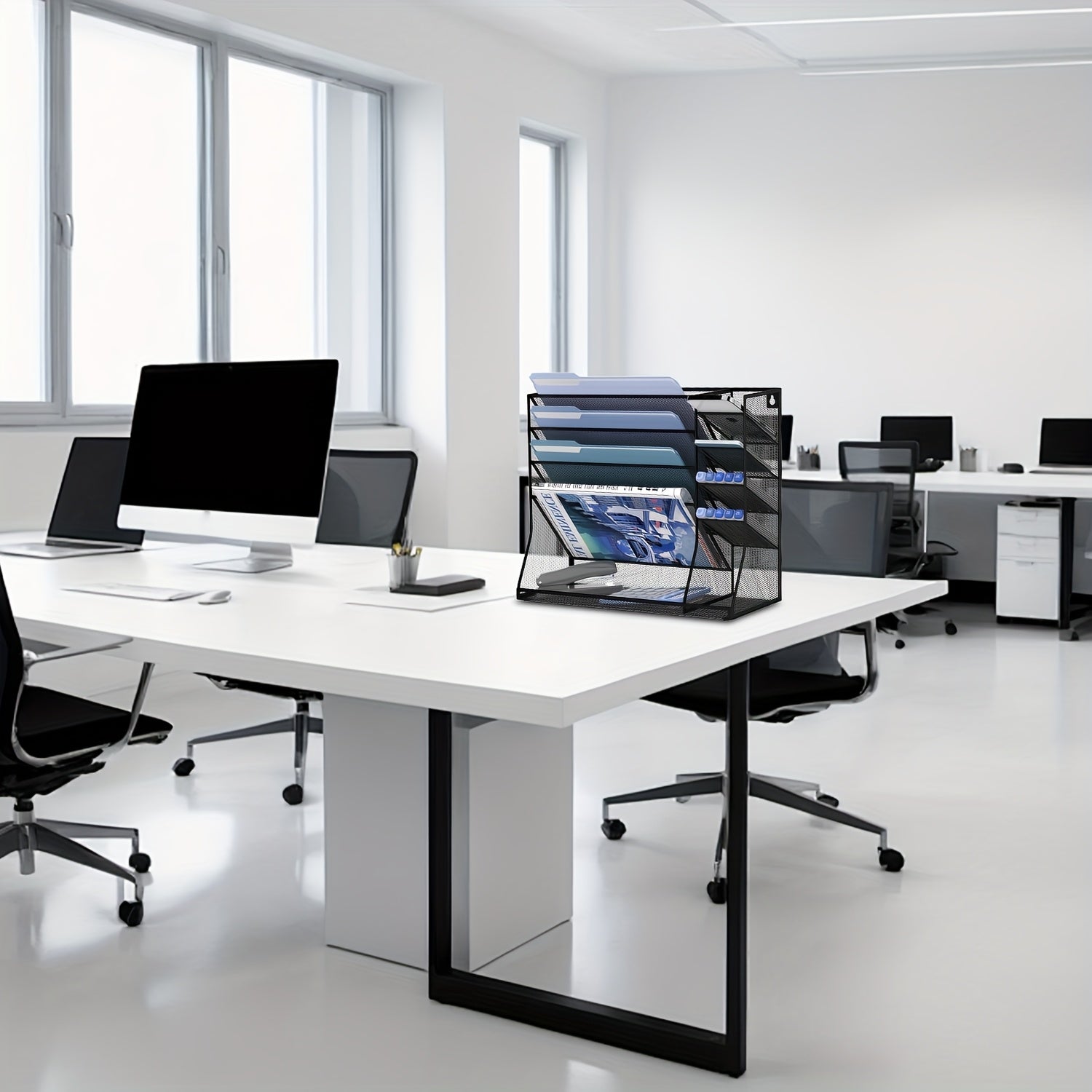 JMHUD 5-Tier Desk Organizer Featuring 4 Slots for Pens, a Wall-Mounted File Holder, And Accessories for Office Materials, Complete with an R-Shaped Bottom Tray.