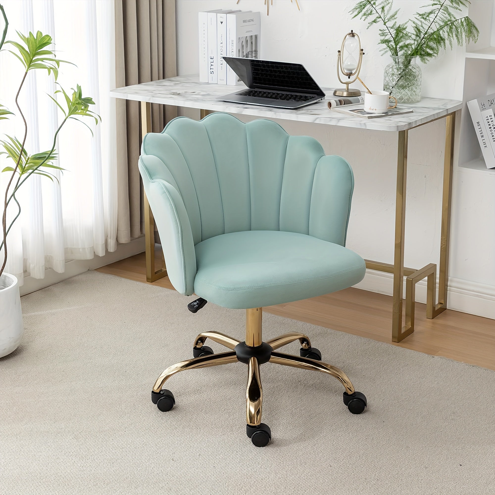 Modern Swivel Office Chair with Luxury Velvet Upholstery & Golden Metal Base - Height-Adjustable 360° Rotating Task Chair, Vanity Desk Chair for Home Office, Bedside or Dressing Table - Shell Back & Sponge (Easy Assembly)