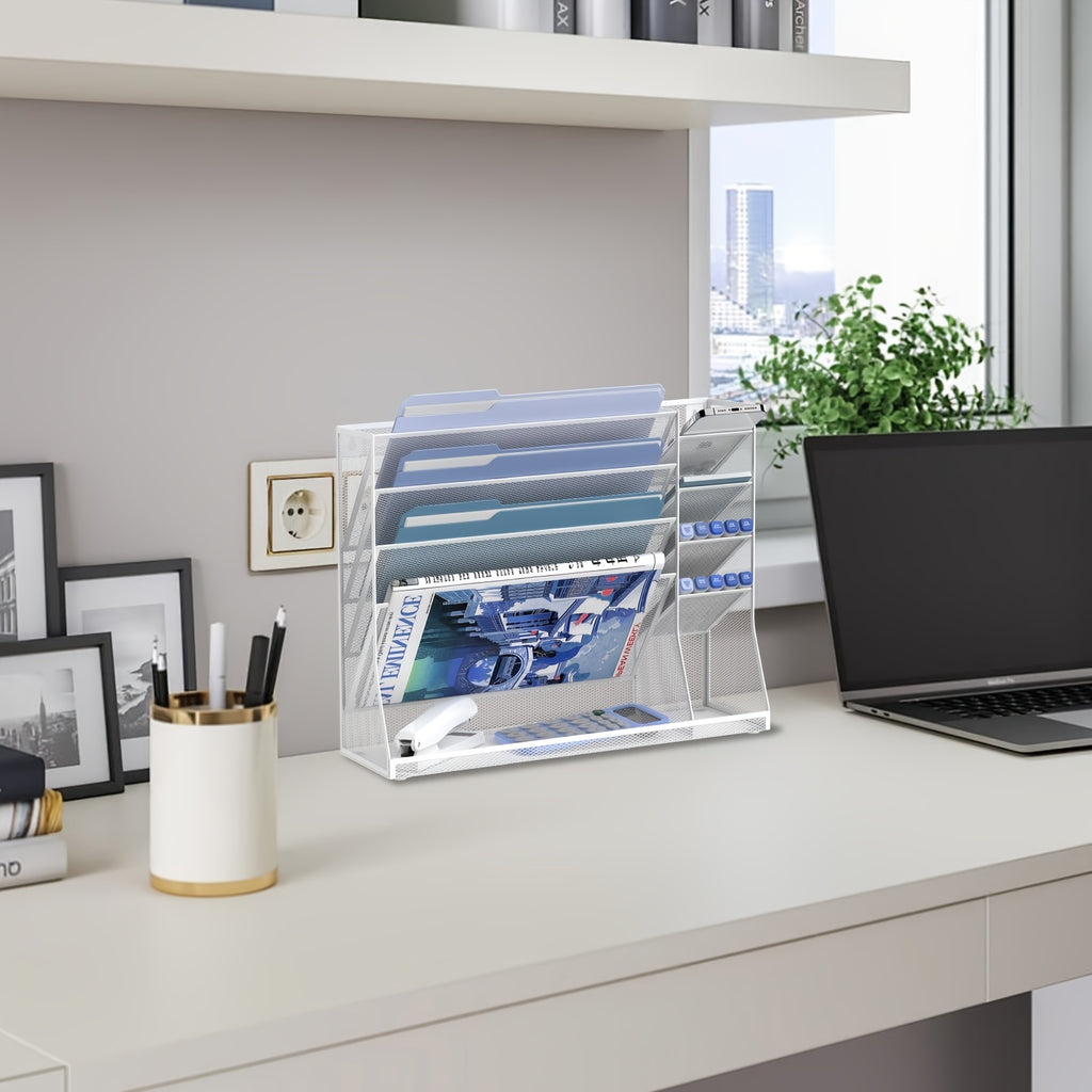 JMHUD 5-Tier Desk Organizer Featuring 4 Slots for Pens, a Wall-Mounted File Holder, And Accessories for Office Materials, Complete with an R-Shaped Bottom Tray.