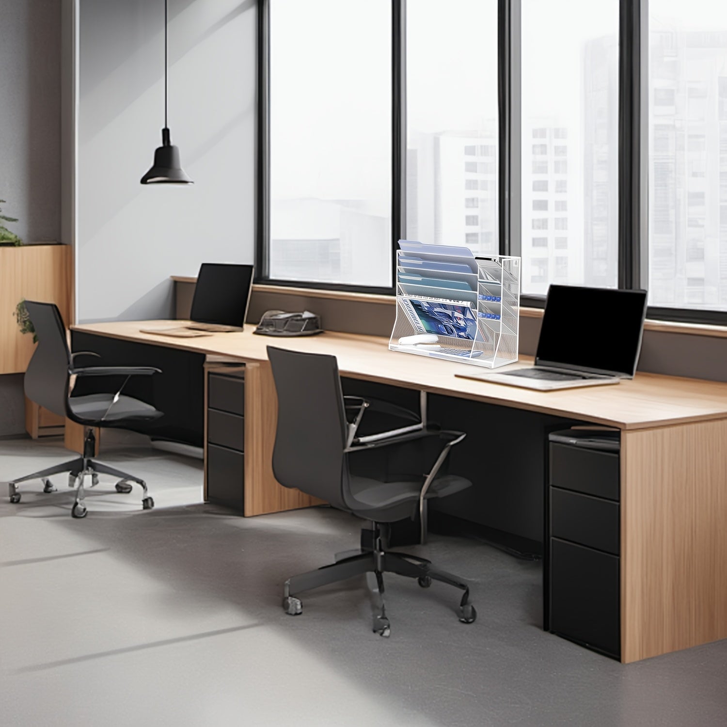 JMHUD 5-Tier Desk Organizer Featuring 4 Slots for Pens, a Wall-Mounted File Holder, And Accessories for Office Materials, Complete with an R-Shaped Bottom Tray.