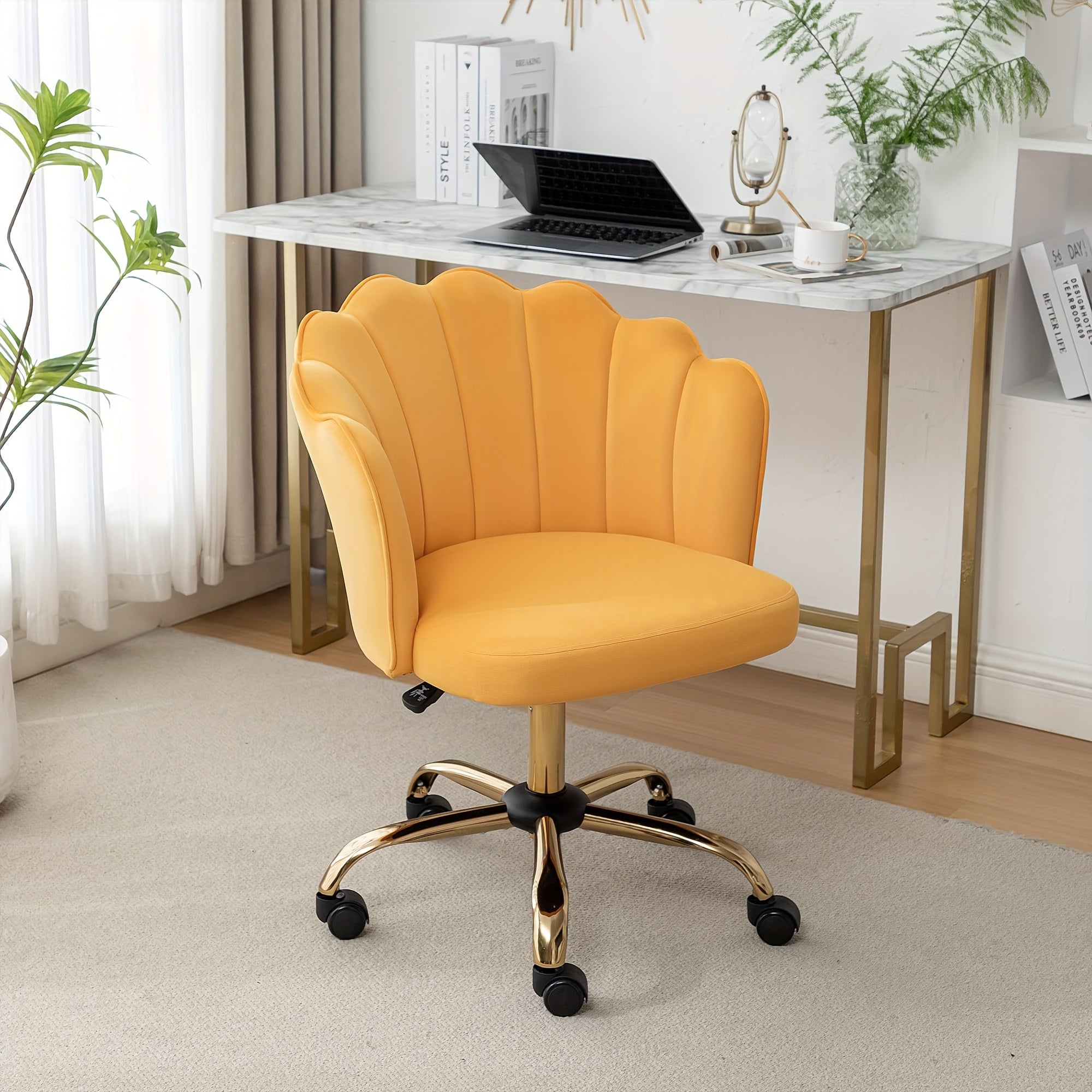 Modern Swivel Office Chair with Luxury Velvet Upholstery & Golden Metal Base - Height-Adjustable 360° Rotating Task Chair, Vanity Desk Chair for Home Office, Bedside or Dressing Table - Shell Back & Sponge (Easy Assembly)