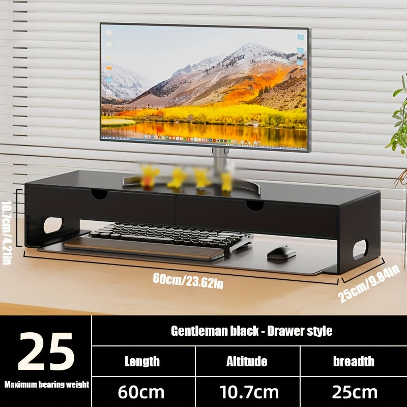 Metal Carbon Steel Computer Monitor Height-increasing Stand 60*25*10.7cm with Double Drawers, Desktop Notebook Stand, Desktop Storage Rack, Space-saving Office Desk, Bestseller, Home Office