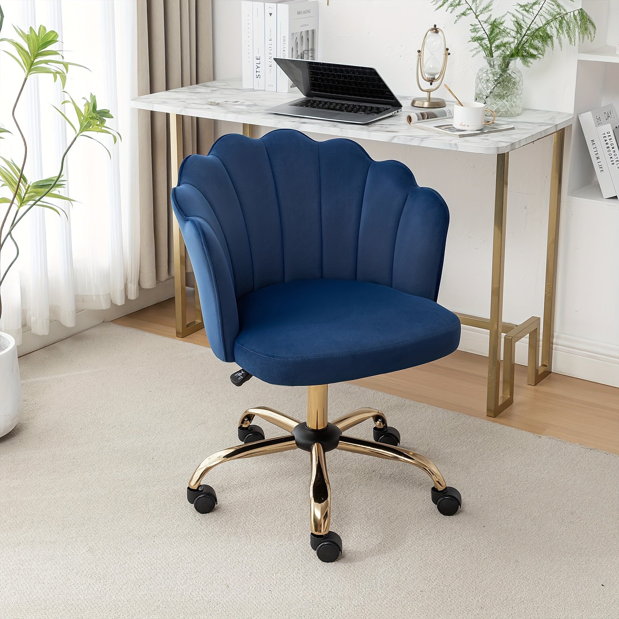 Modern Swivel Office Chair with Luxury Velvet Upholstery & Golden Metal Base - Height-Adjustable 360° Rotating Task Chair, Vanity Desk Chair for Home Office, Bedside or Dressing Table - Shell Back & Sponge (Easy Assembly)