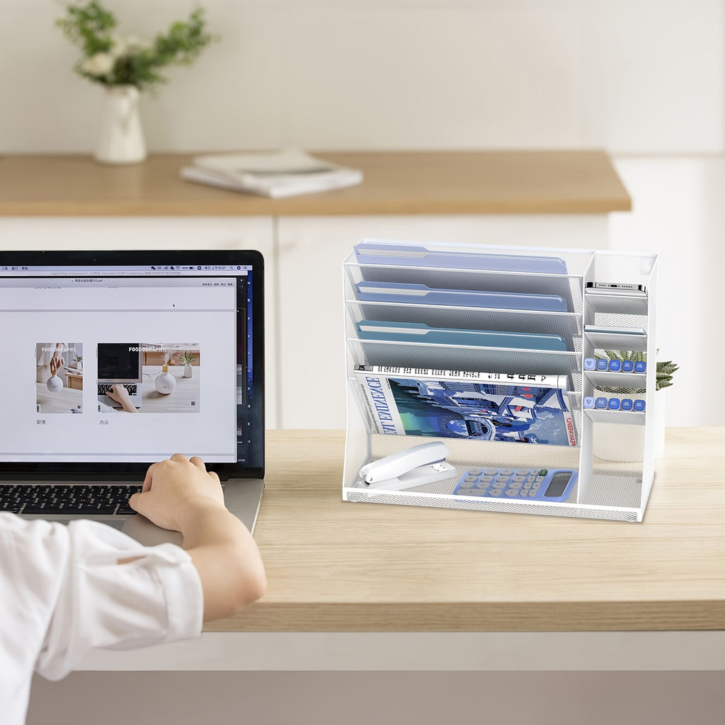 JMHUD 5-Tier Desk Organizer Featuring 4 Slots for Pens, a Wall-Mounted File Holder, And Accessories for Office Materials, Complete with an R-Shaped Bottom Tray.