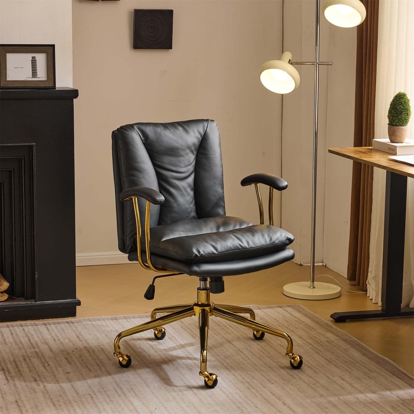 Bonnlo Office Chair with Wheels & Removable Armrests, Comfy Vanity Chair Golden Base, Adjustable Rolling Swivel Computer Chair