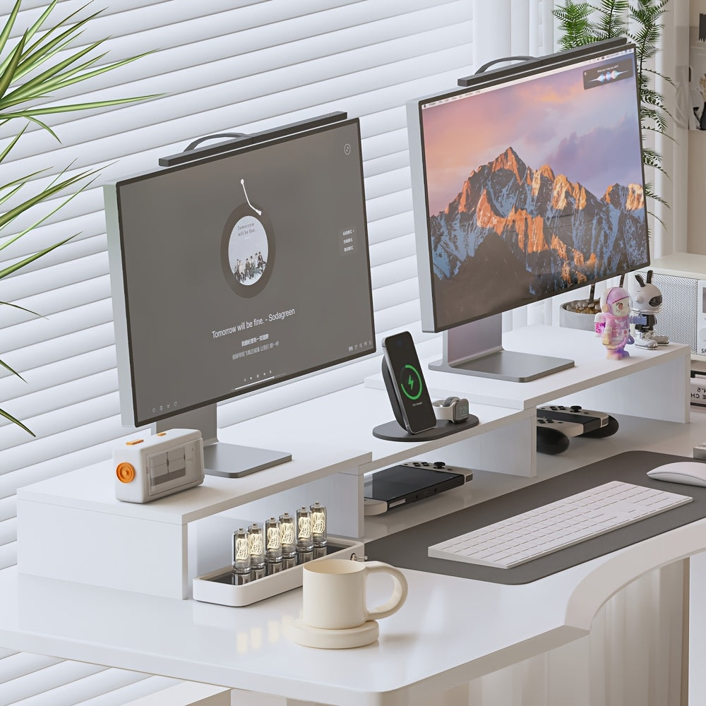 Heavy-Duty Wooden Computer Monitor Stand with Dual Screen Height Adjustment, Laptop Stand & Expandable Storage Shelf - Sturdy Desk Organizer for Home Office