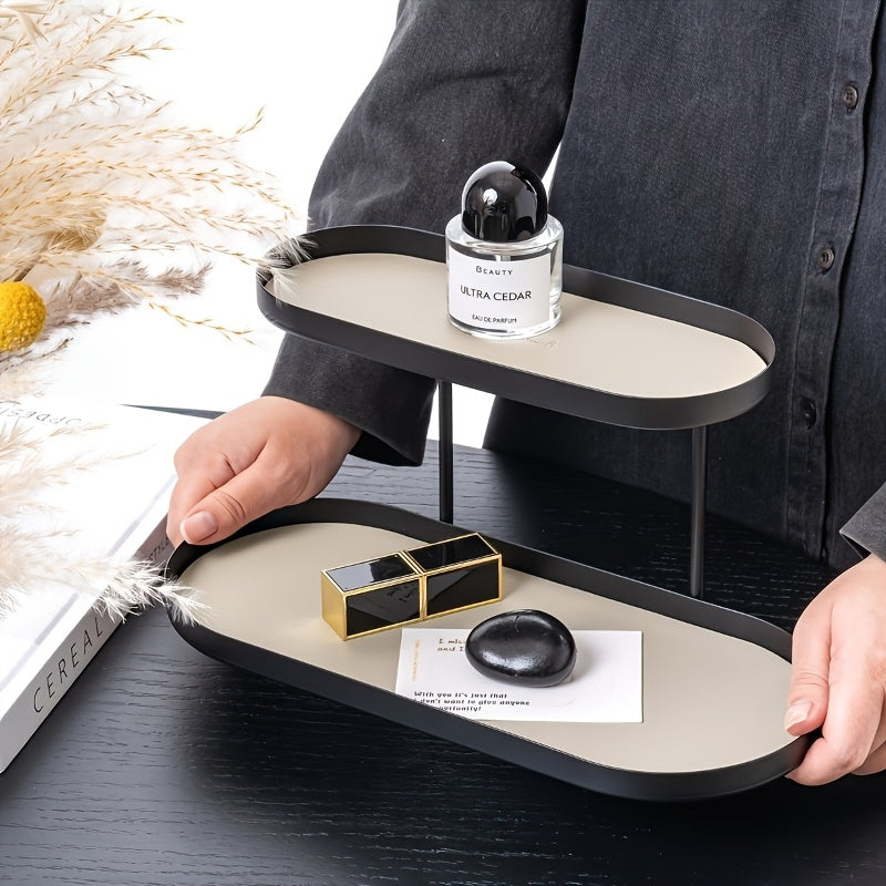 1pc Modern Minimalist Organizer - Heavy-Duty Cast Iron Shelf with Non-Slip Surface, Compact Bathroom Vanity Tray, Desk Shelf for Living Room, Bedroom, Entryway - Space-Saving Two-Tier Storage Box, Home Organization, Contemporary Decor, Sturdy