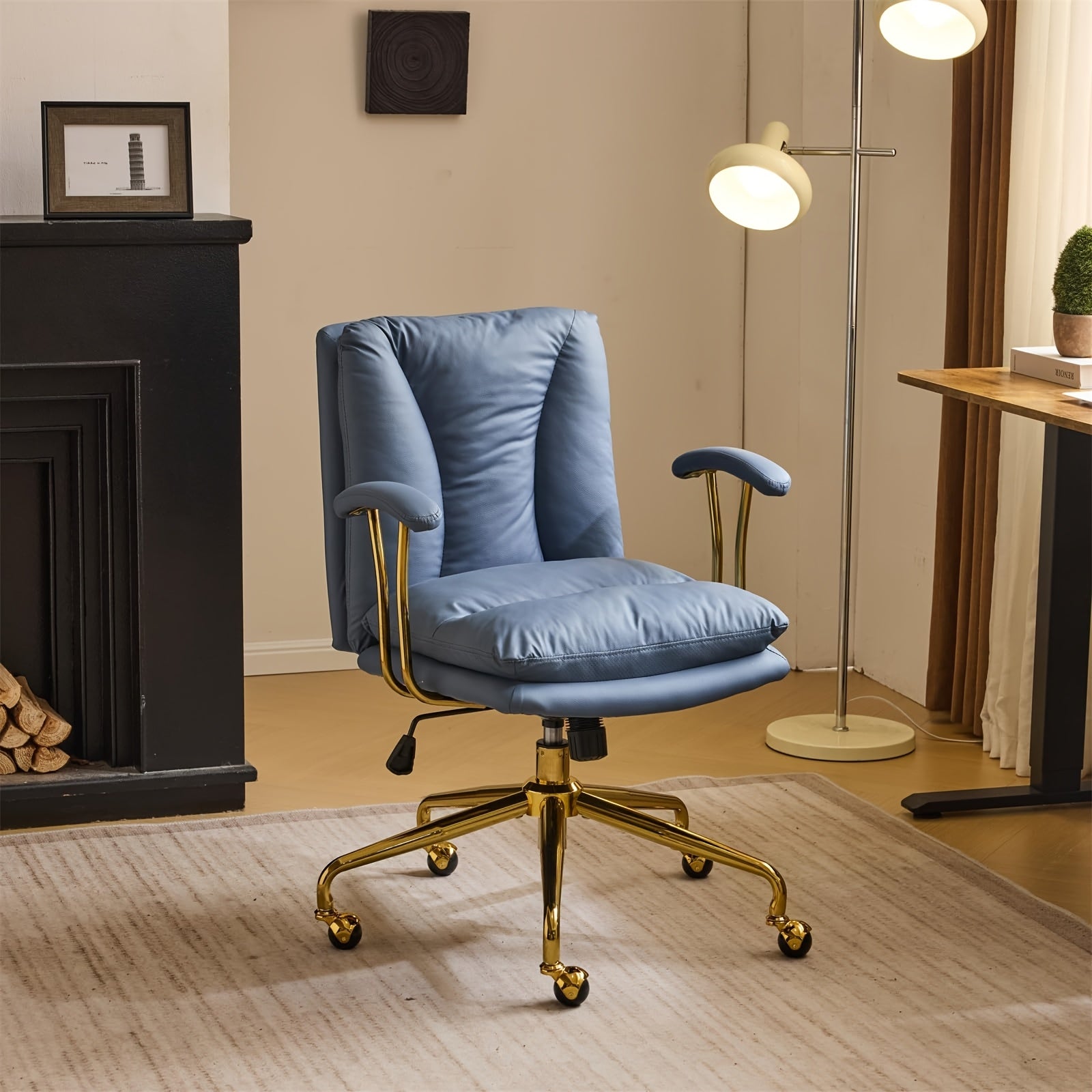 Bonnlo Office Chair with Wheels & Removable Armrests, Comfy Vanity Chair Golden Base, Adjustable Rolling Swivel Computer Chair