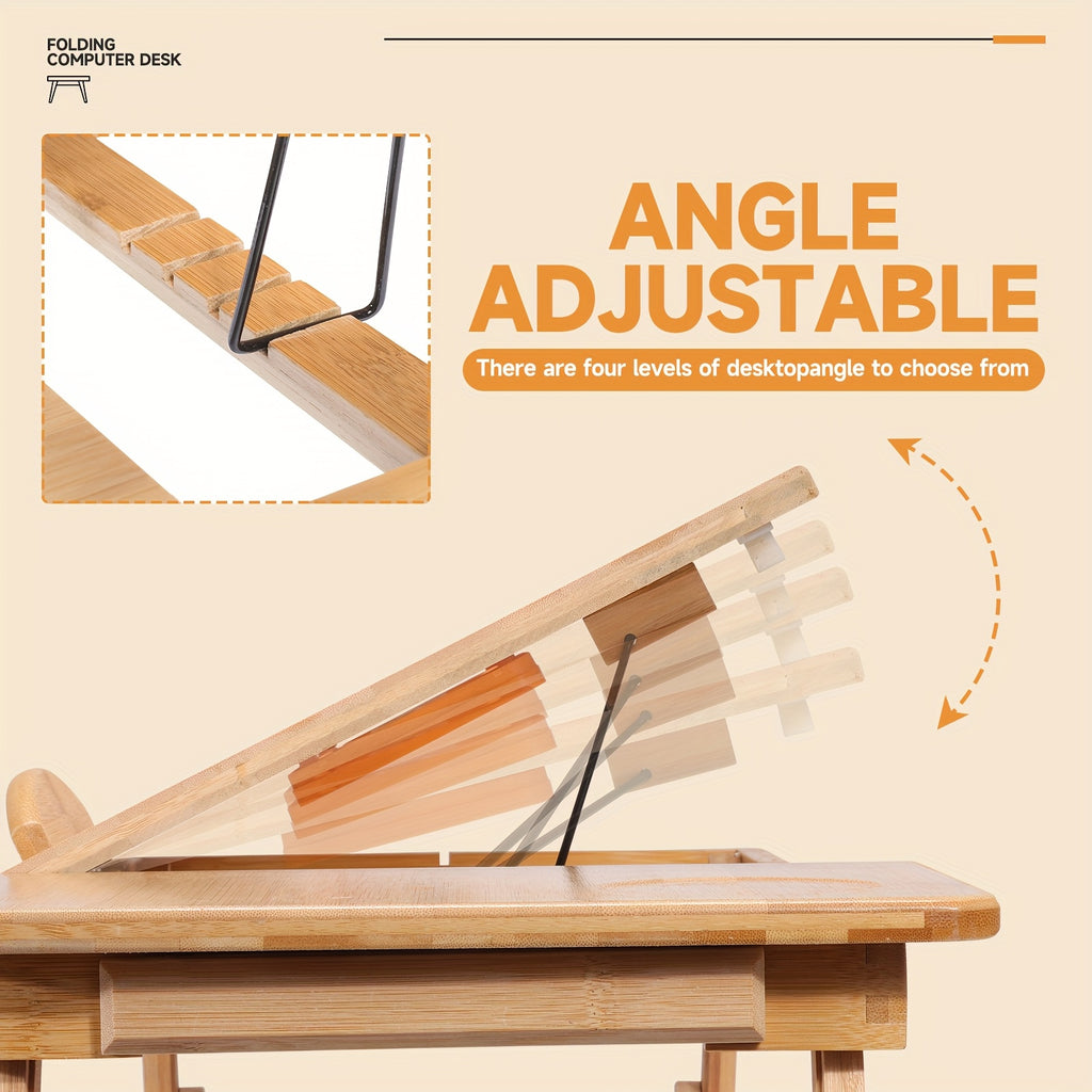 Bamboo Laptop Lap Desk with Adjustable Height & Angle, Tablet & Phone Holder, Drawer, Foldable Portable Stand for Bed, Sofa, or Couch - Ideal for Work, Study, and Breakfast in Bed, Portable Desk | Foldable Design | Bamboo Construction