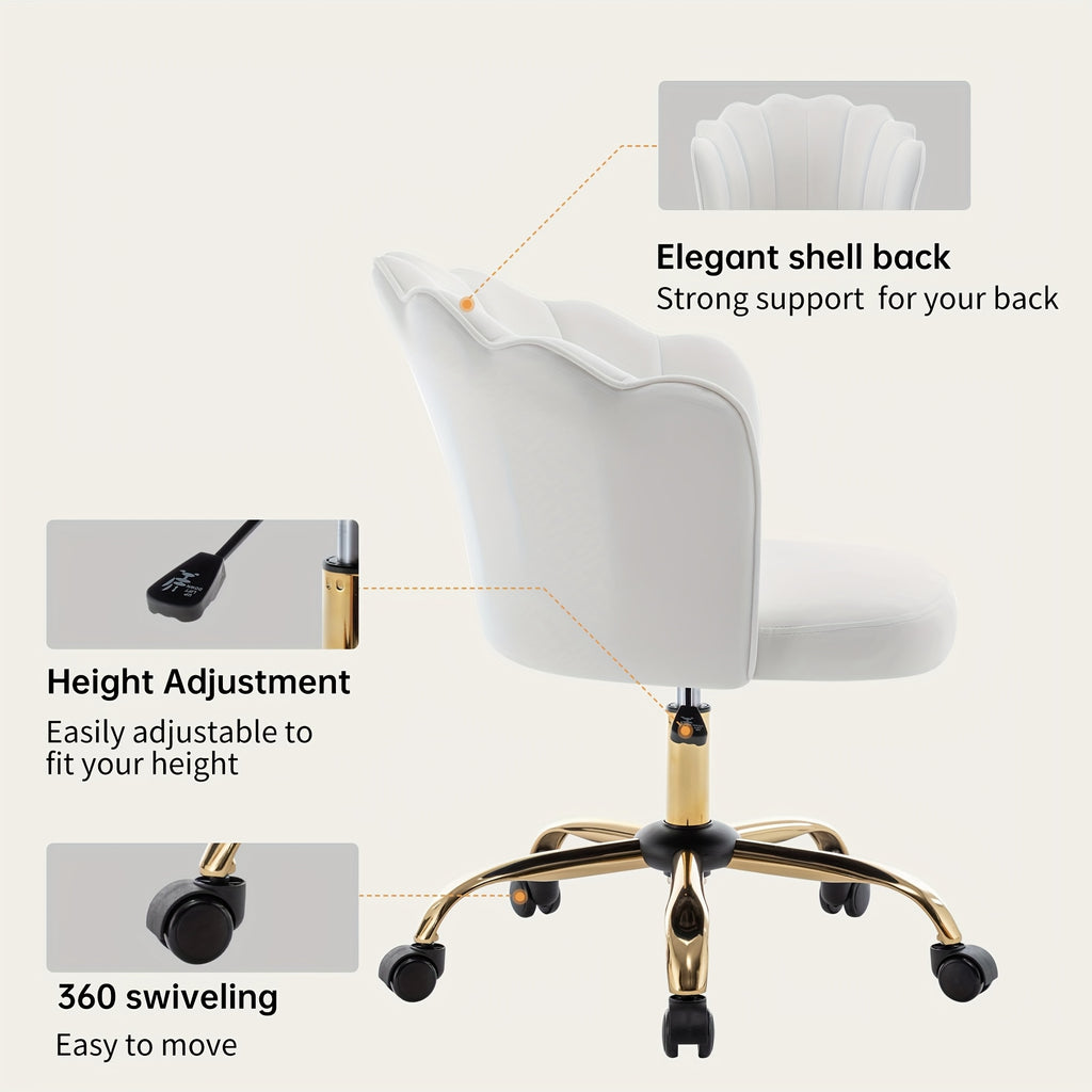 Modern Swivel Office Chair with Luxury Velvet Upholstery & Golden Metal Base - Height-Adjustable 360° Rotating Task Chair, Vanity Desk Chair for Home Office, Bedside or Dressing Table - Shell Back & Sponge (Easy Assembly)