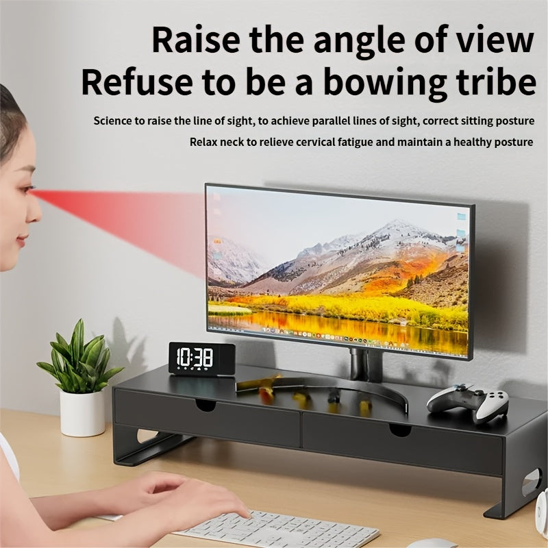 Metal Carbon Steel Computer Monitor Height-increasing Stand 60*25*10.7cm with Double Drawers, Desktop Notebook Stand, Desktop Storage Rack, Space-saving Office Desk, Bestseller, Home Office