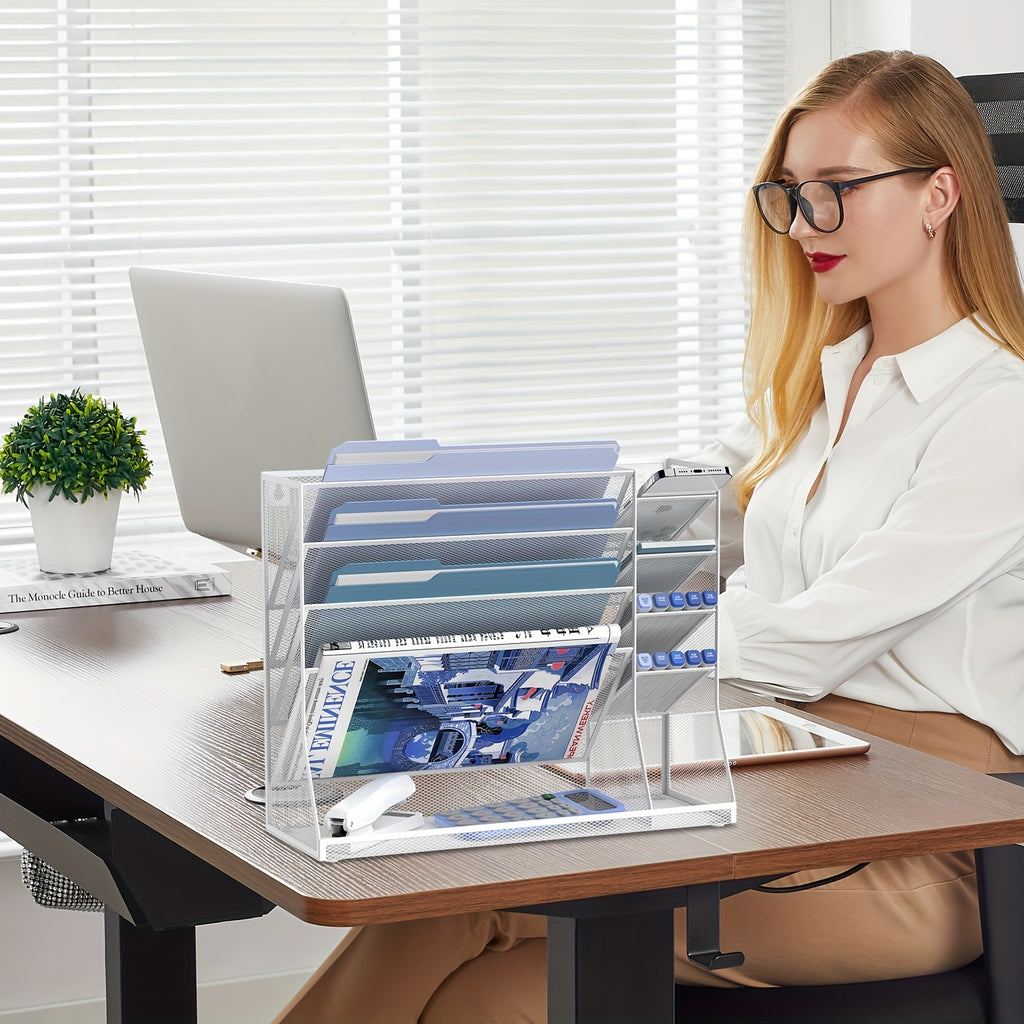 JMHUD 5-Tier Desk Organizer Featuring 4 Slots for Pens, a Wall-Mounted File Holder, And Accessories for Office Materials, Complete with an R-Shaped Bottom Tray.