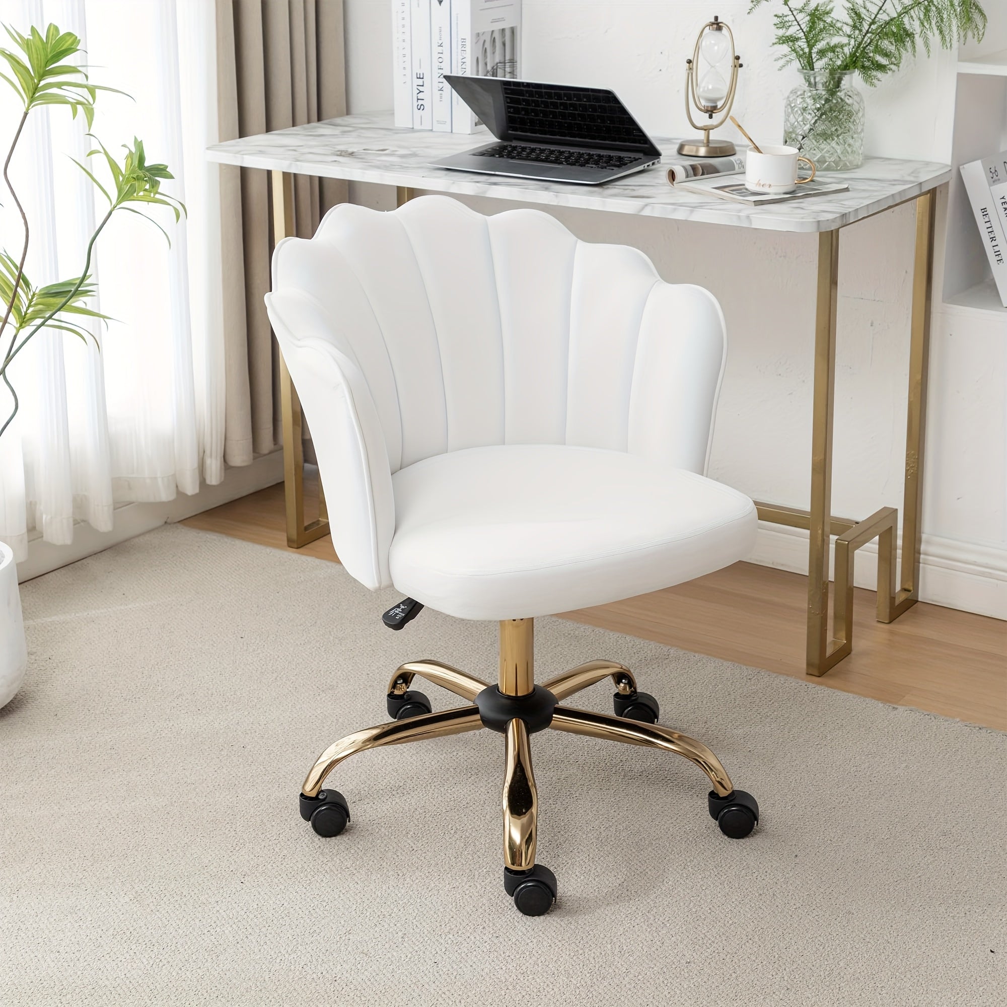 Modern Swivel Office Chair with Luxury Velvet Upholstery & Golden Metal Base - Height-Adjustable 360° Rotating Task Chair, Vanity Desk Chair for Home Office, Bedside or Dressing Table - Shell Back & Sponge (Easy Assembly)