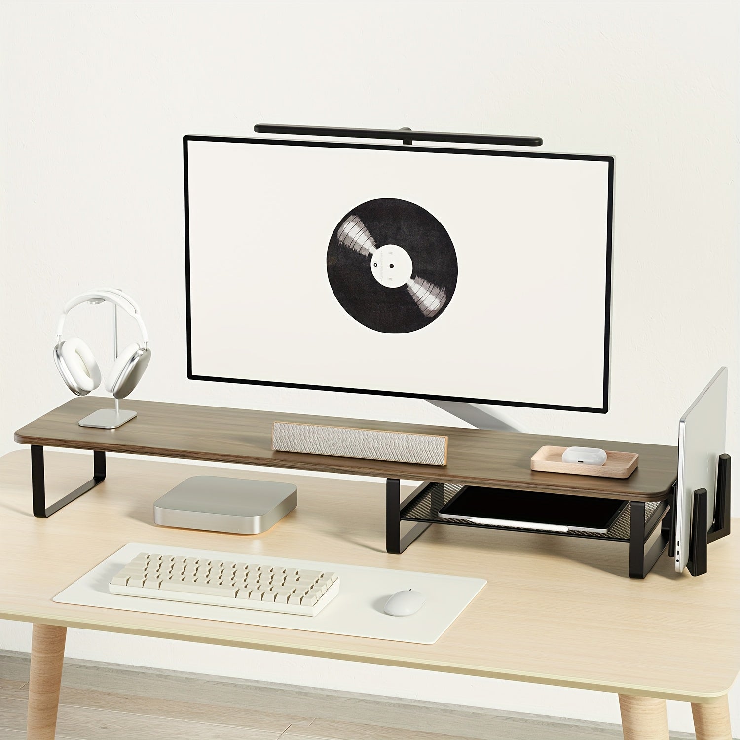 Adjustable Height Wooden Monitor Stand with Side Tablet Holder | Rectangular Laptop & Monitor Riser with Storage Organizer, Ergonomic Desktop Stand for Office, Home & School Workstations, Brand: KEYPOINT