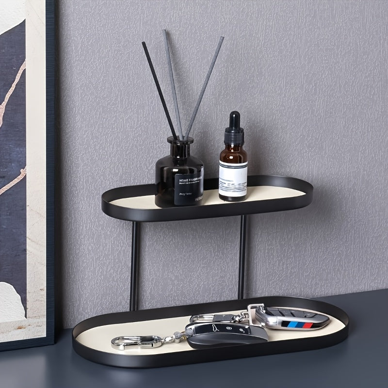 1pc Modern Minimalist Organizer - Heavy-Duty Cast Iron Shelf with Non-Slip Surface, Compact Bathroom Vanity Tray, Desk Shelf for Living Room, Bedroom, Entryway - Space-Saving Two-Tier Storage Box, Home Organization, Contemporary Decor, Sturdy