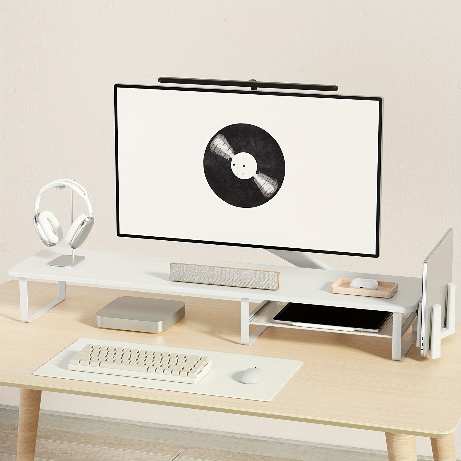 Adjustable Height Wooden Monitor Stand with Side Tablet Holder | Rectangular Laptop & Monitor Riser with Storage Organizer, Ergonomic Desktop Stand for Office, Home & School Workstations, Brand: KEYPOINT