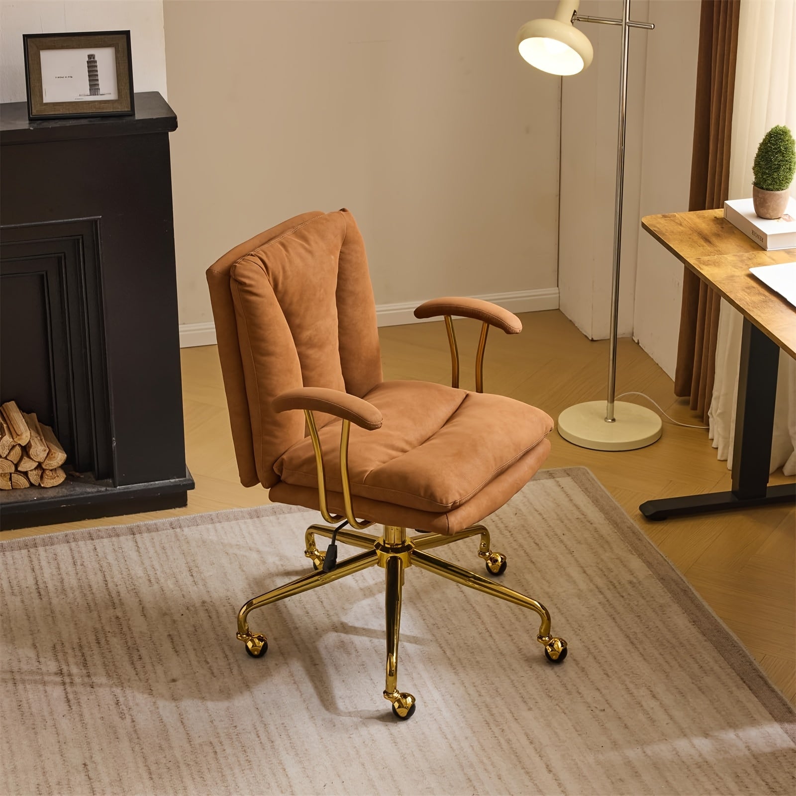Bonnlo Office Chair with Wheels & Removable Armrests, Comfy Vanity Chair Golden Base, Adjustable Rolling Swivel Computer Chair