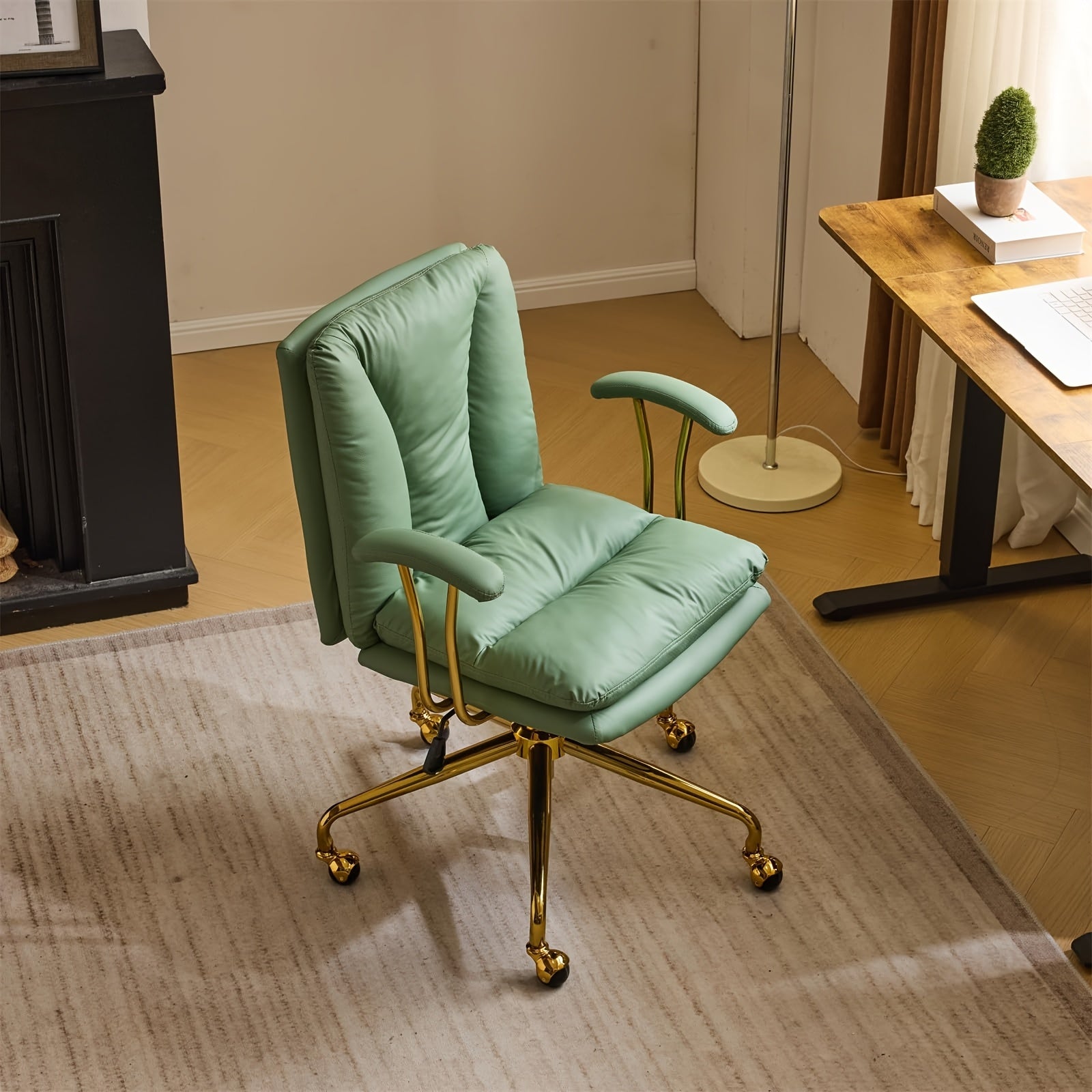 Bonnlo Office Chair with Wheels & Removable Armrests, Comfy Vanity Chair Golden Base, Adjustable Rolling Swivel Computer Chair