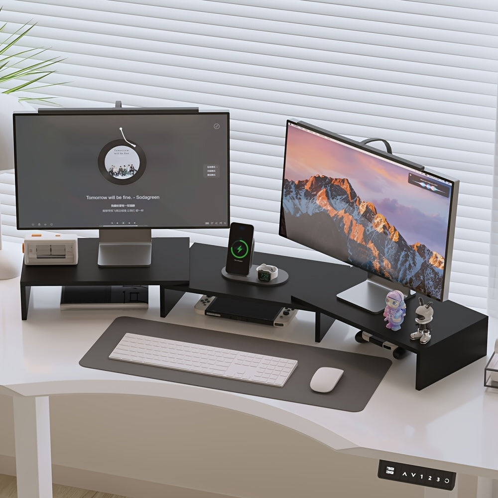 Heavy-Duty Wooden Computer Monitor Stand with Dual Screen Height Adjustment, Laptop Stand & Expandable Storage Shelf - Sturdy Desk Organizer for Home Office