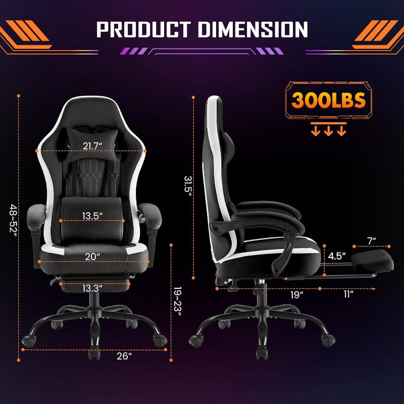 Computer Game Chair - Ergonomic Office Chair with Foot and Lumbar Support, Height Adjustable Work Chair, Headrests, Armrests, and Rollers