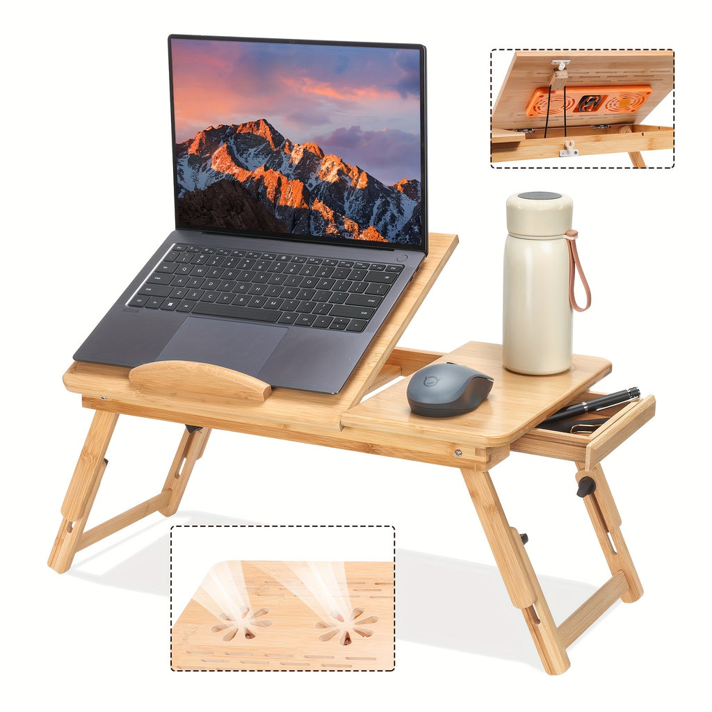 Bamboo Laptop Lap Desk with Adjustable Height & Angle, Tablet & Phone Holder, Drawer, Foldable Portable Stand for Bed, Sofa, or Couch - Ideal for Work, Study, and Breakfast in Bed, Portable Desk | Foldable Design | Bamboo Construction