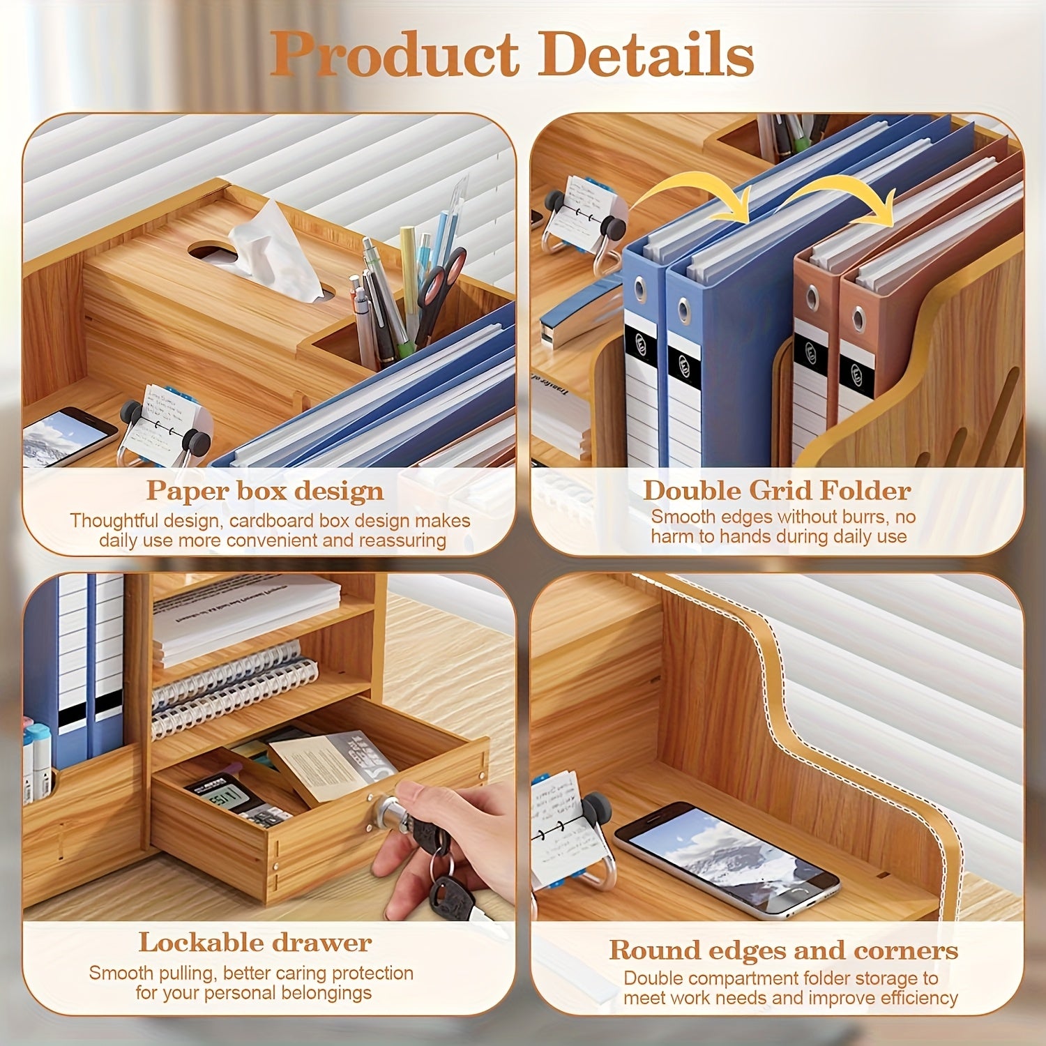 Office Paper Organizer for Desk, Wooden File Holder, Office Desk Organizer, Stackable Paper Trays for Home, Office, School,