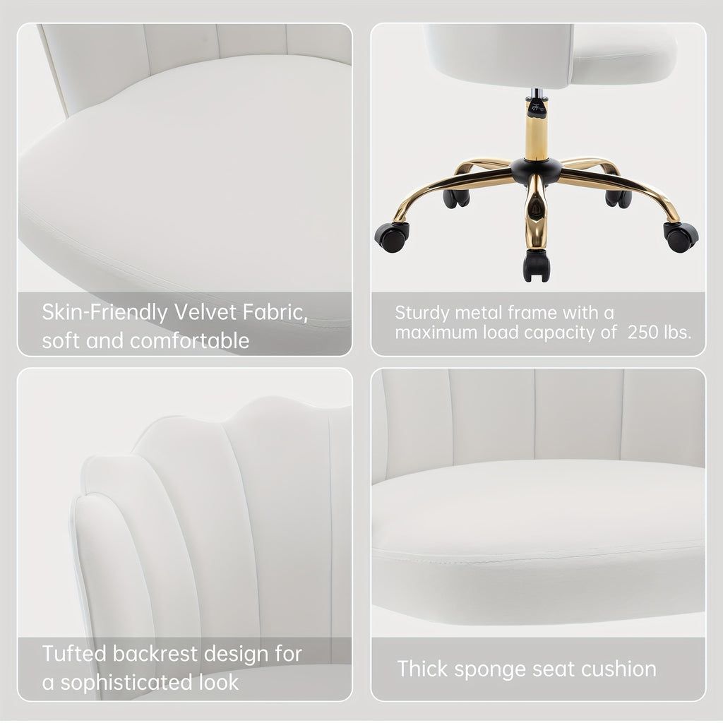 Modern Swivel Office Chair with Luxury Velvet Upholstery & Golden Metal Base - Height-Adjustable 360° Rotating Task Chair, Vanity Desk Chair for Home Office, Bedside or Dressing Table - Shell Back & Sponge (Easy Assembly)