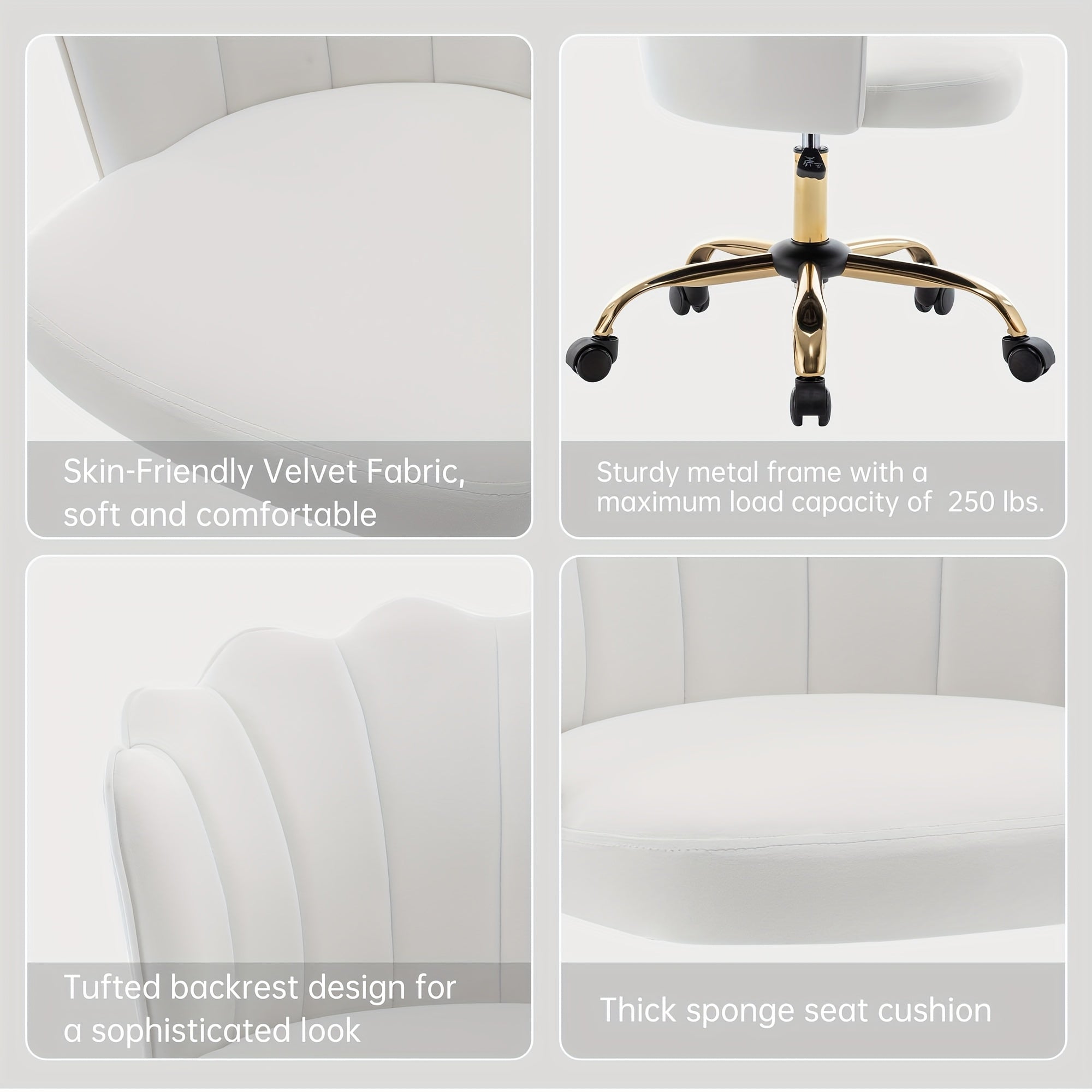 Modern Swivel Office Chair with Luxury Velvet Upholstery & Golden Metal Base - Height-Adjustable 360° Rotating Task Chair, Vanity Desk Chair for Home Office, Bedside or Dressing Table - Shell Back & Sponge (Easy Assembly)