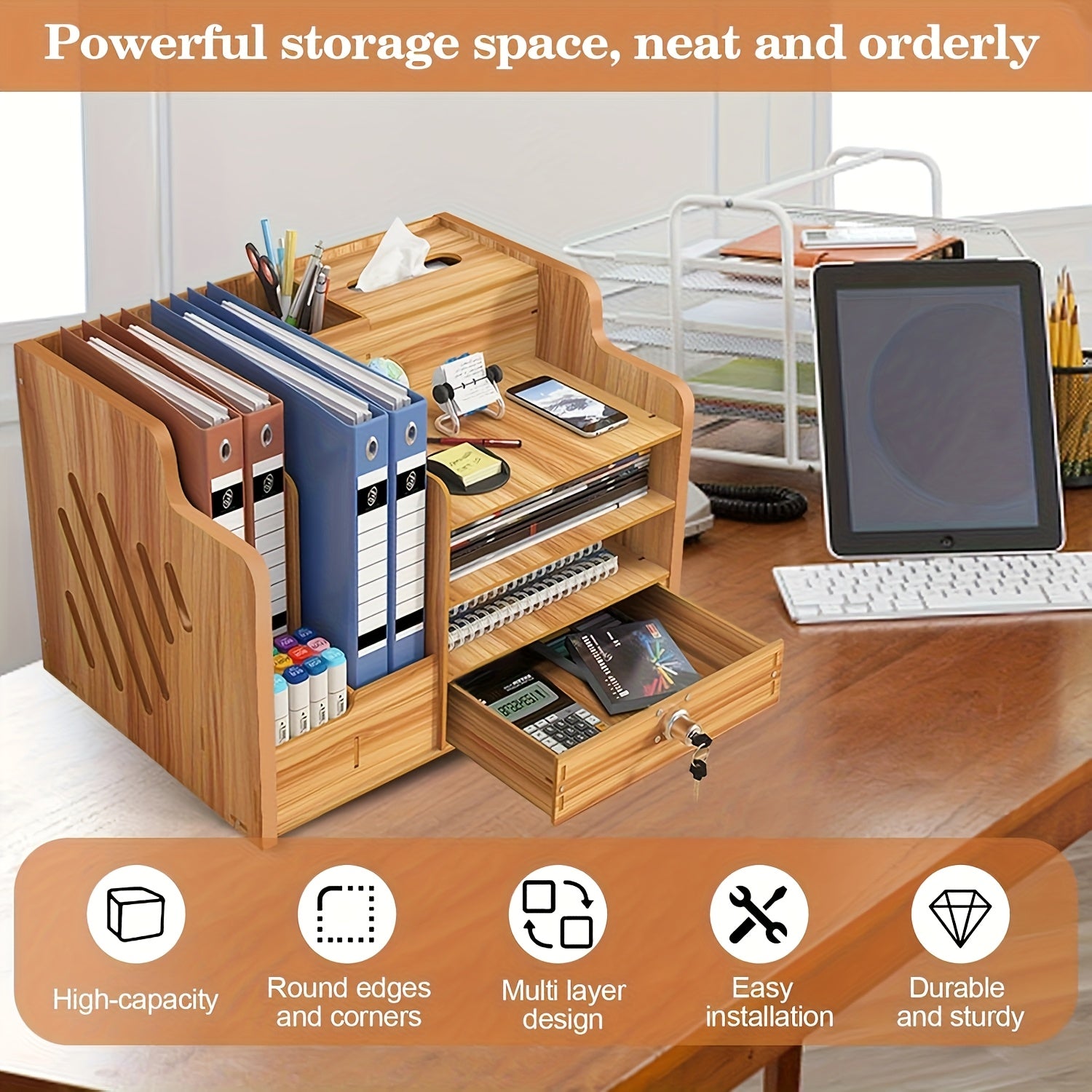 Office Paper Organizer for Desk, Wooden File Holder, Office Desk Organizer, Stackable Paper Trays for Home, Office, School,