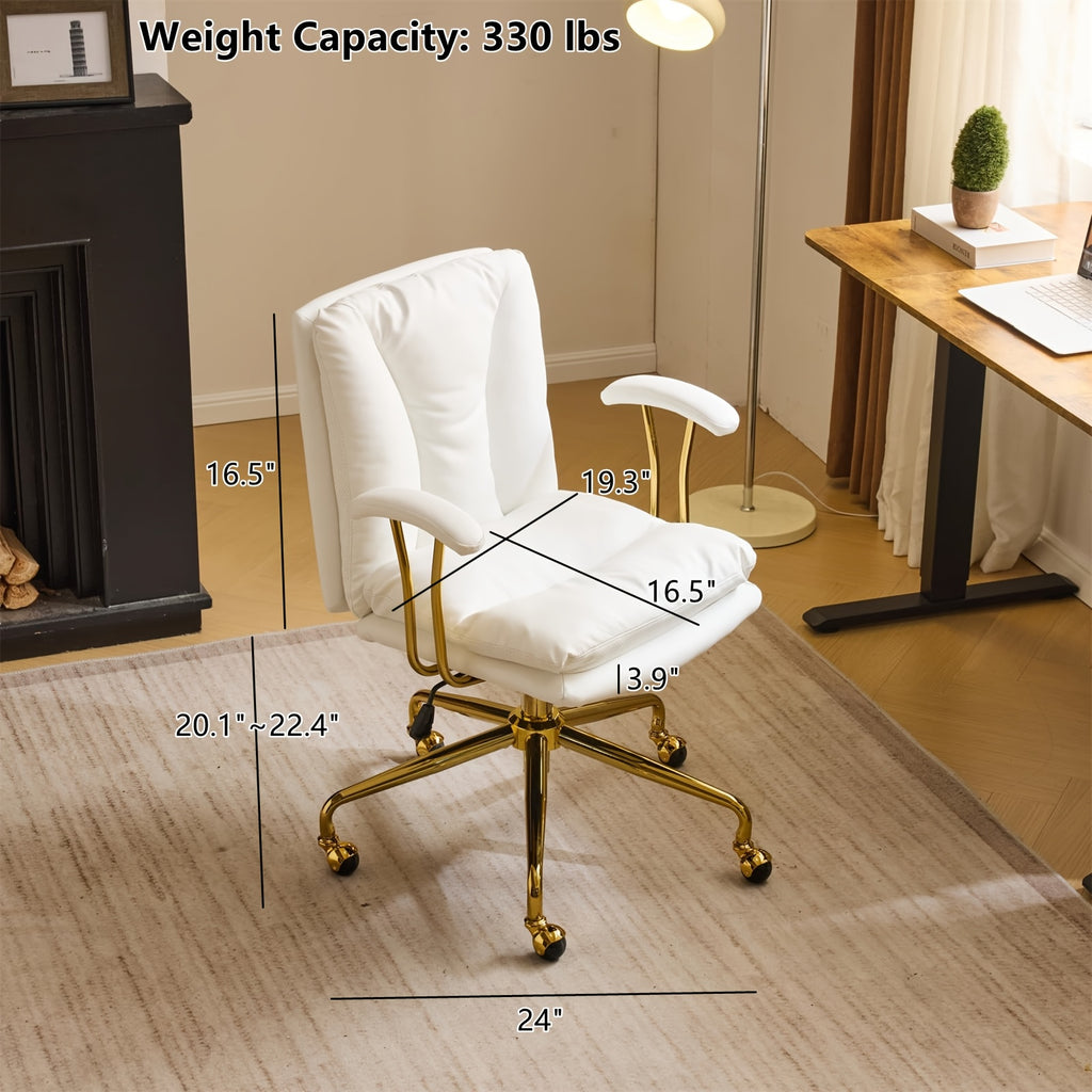 Bonnlo Office Chair with Wheels & Removable Armrests, Comfy Vanity Chair Golden Base, Adjustable Rolling Swivel Computer Chair