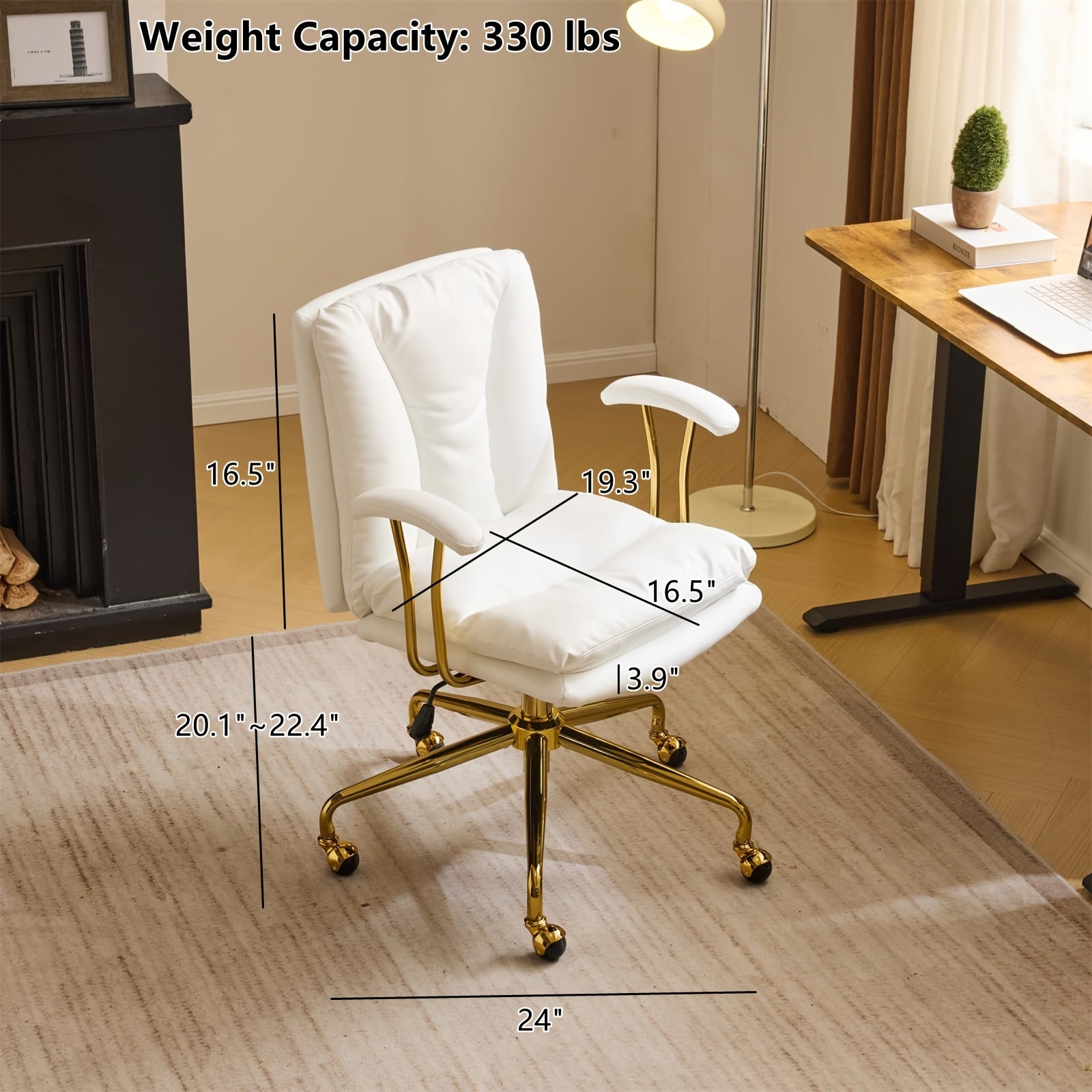 Bonnlo Office Chair with Wheels & Removable Armrests, Comfy Vanity Chair Golden Base, Adjustable Rolling Swivel Computer Chair