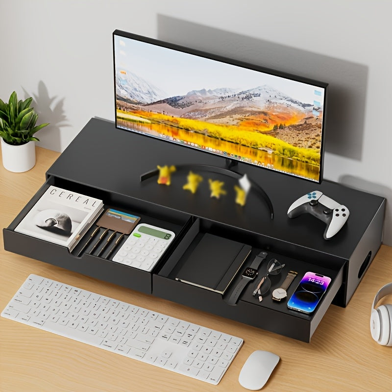 Metal Carbon Steel Computer Monitor Height-increasing Stand 60*25*10.7cm with Double Drawers, Desktop Notebook Stand, Desktop Storage Rack, Space-saving Office Desk, Bestseller, Home Office