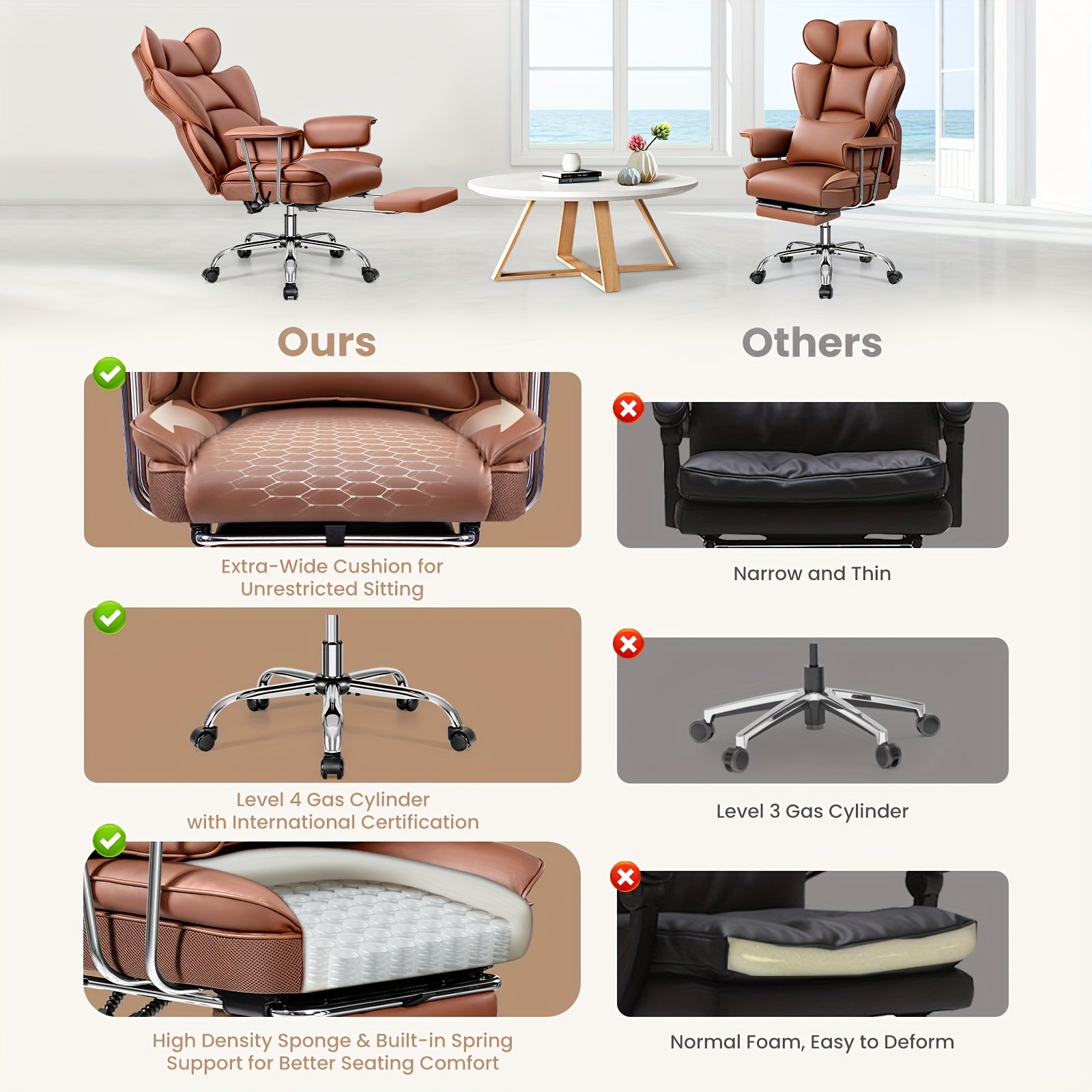 Actflame Premium Ergonomic Office Chair Designed for Larger Individuals - Executive High-Back Leather Featuring Improved Lumbar Support And Built-In Footrest - Ideal for Generous Living Spaces And Work Environments