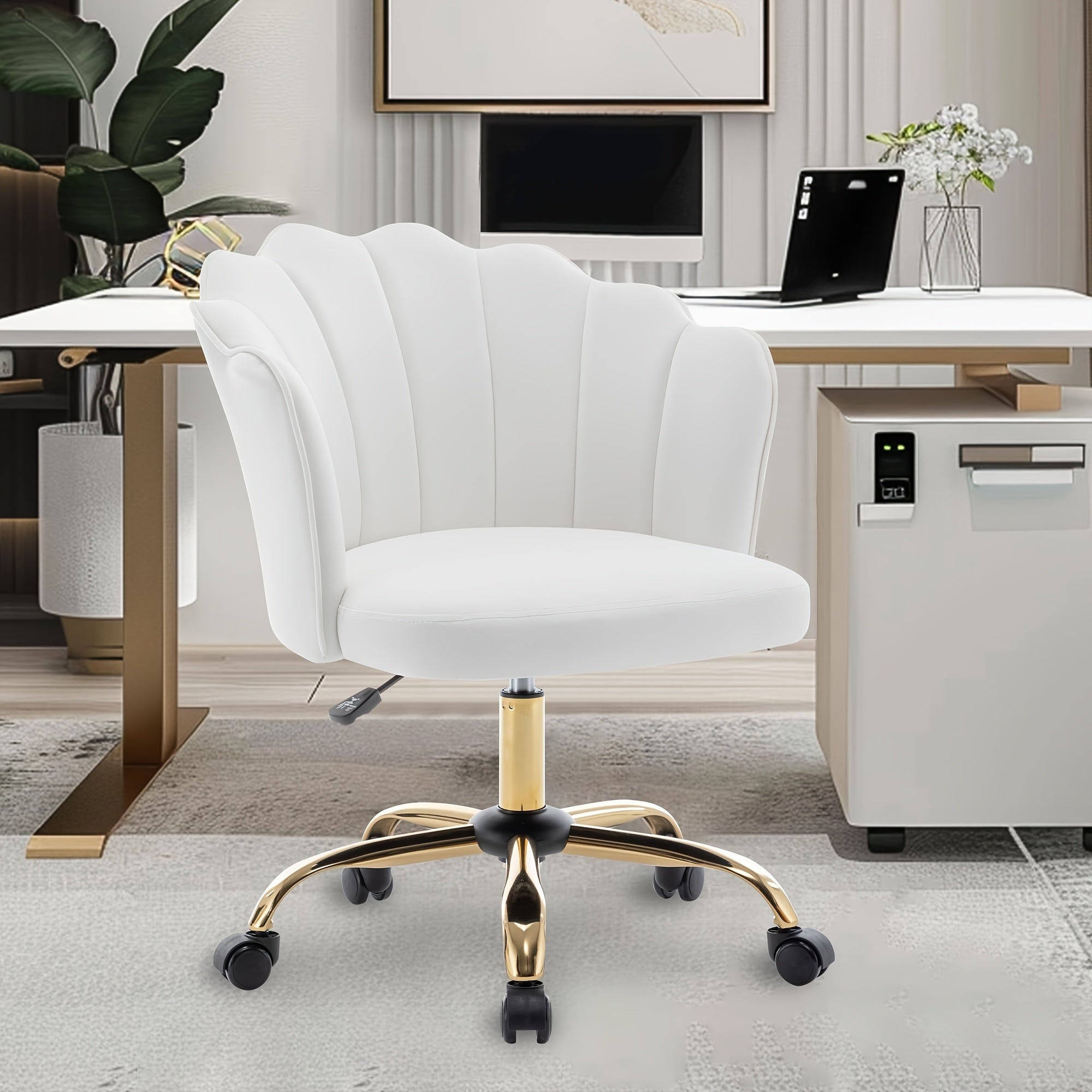 Modern Swivel Office Chair with Luxury Velvet Upholstery & Golden Metal Base - Height-Adjustable 360° Rotating Task Chair, Vanity Desk Chair for Home Office, Bedside or Dressing Table - Shell Back & Sponge (Easy Assembly)