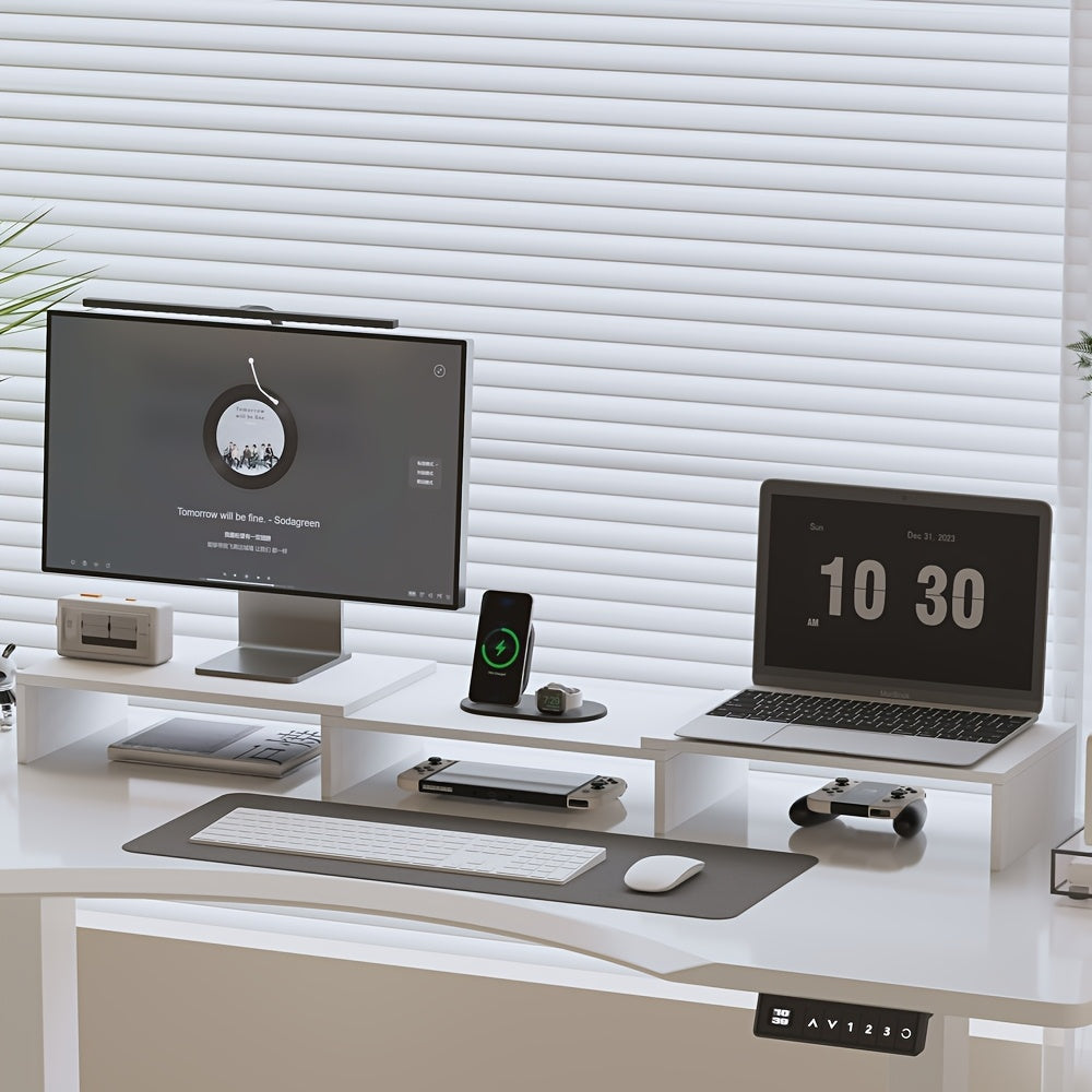 Heavy-Duty Wooden Computer Monitor Stand with Dual Screen Height Adjustment, Laptop Stand & Expandable Storage Shelf - Sturdy Desk Organizer for Home Office