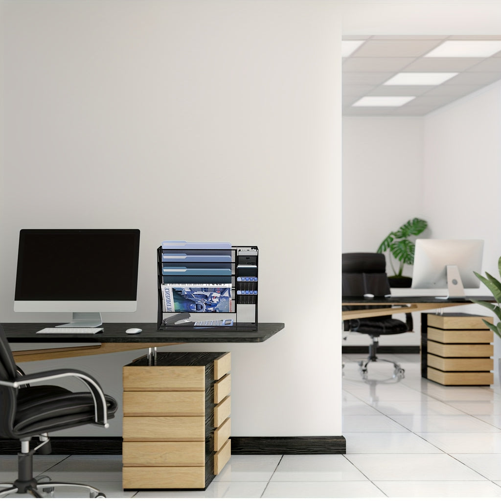 JMHUD 5-Tier Desk Organizer Featuring 4 Slots for Pens, a Wall-Mounted File Holder, And Accessories for Office Materials, Complete with an R-Shaped Bottom Tray.